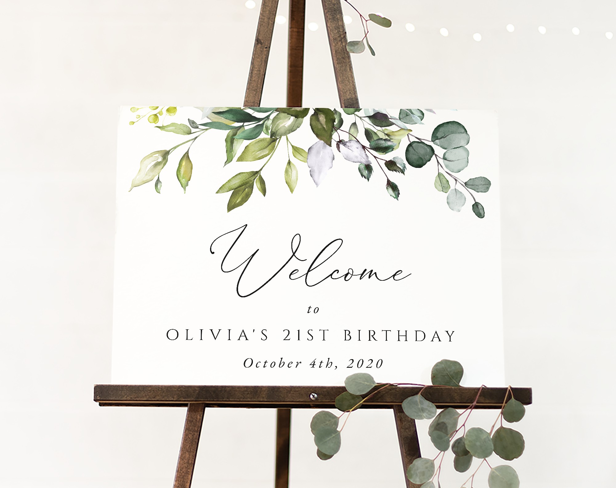 Eucalyptus Leaves Welcome Sign, Birthday Sign, Any Birthday, Printable File, Edit Yourself, SH110