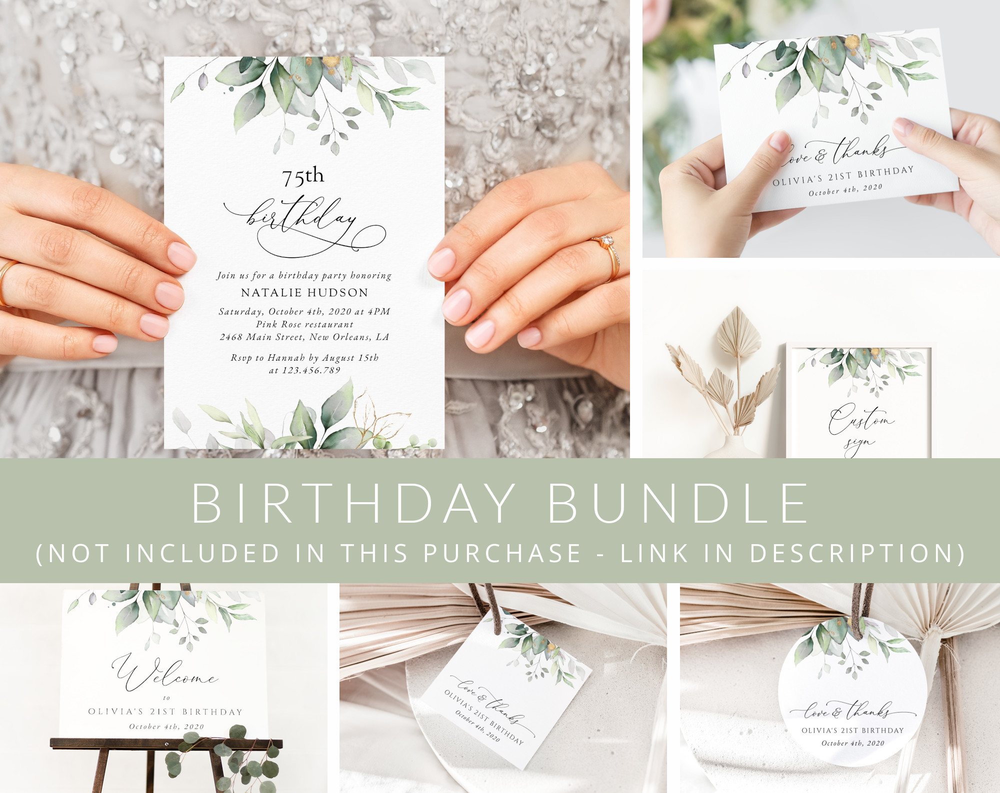Greenery and Gold Birthday Mini Bundle, Any Birthday, Printable File, Edit Yourself, SH111