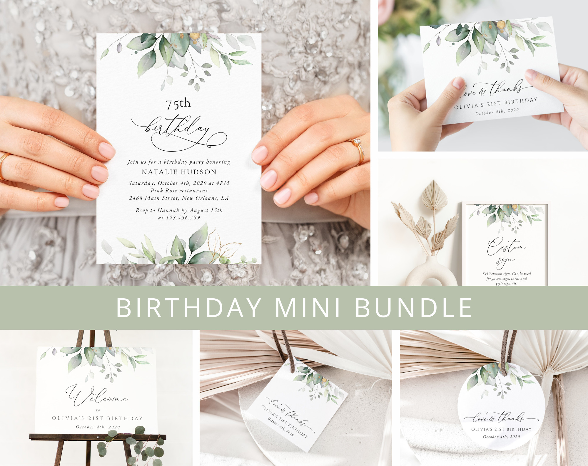 Greenery and Gold Birthday Mini Bundle, Any Birthday, Printable File, Edit Yourself, SH111