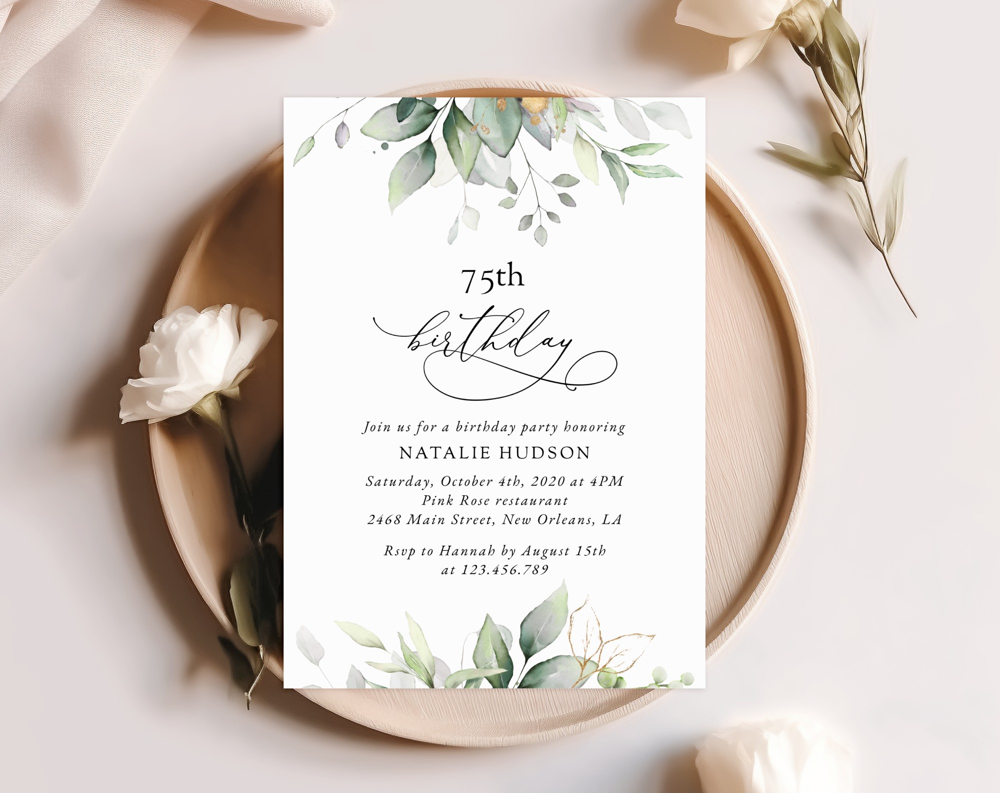 Greenery and Gold Birthday Invitation, Any Birthday, Printable File, Edit Yourself, SH111