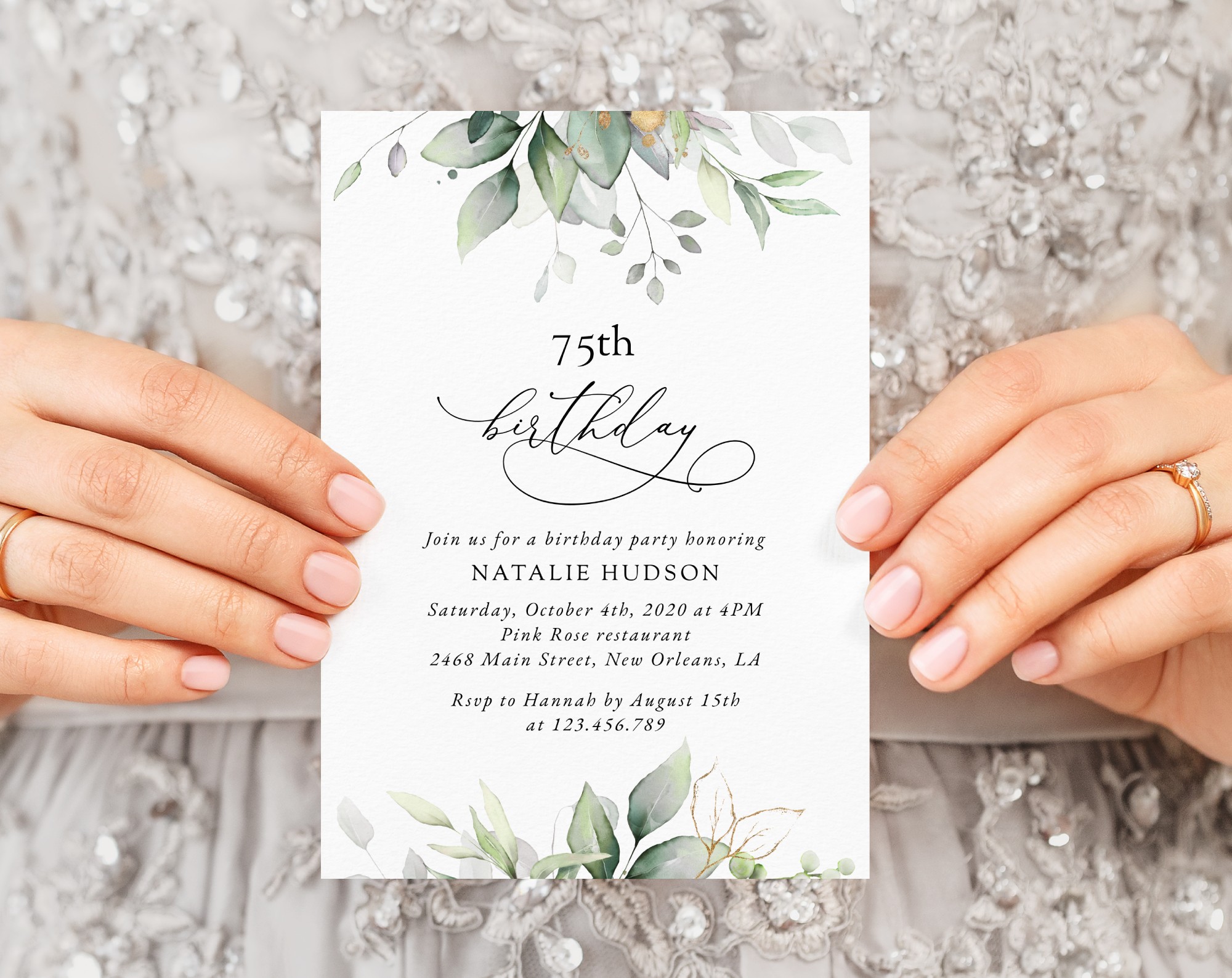 Greenery and Gold Birthday Invitation, Any Birthday, Printable File, Edit Yourself, SH111