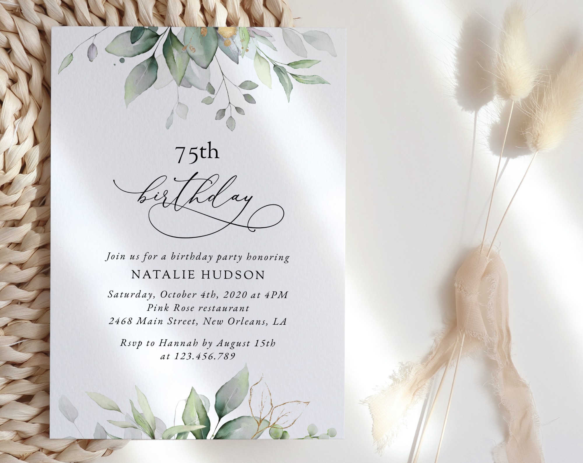 Greenery and Gold Birthday Invitation, Any Birthday, Printable File, Edit Yourself, SH111