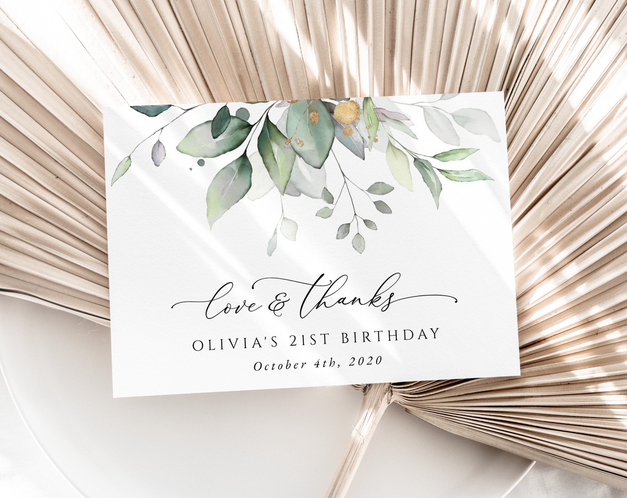 Greenery and Gold Thank You Card, Any Birthday, Printable File, Edit Yourself, SH111 Greenery and Gold Thank You Card, Any Birthday, Printable File, Edit Yourself, SH111