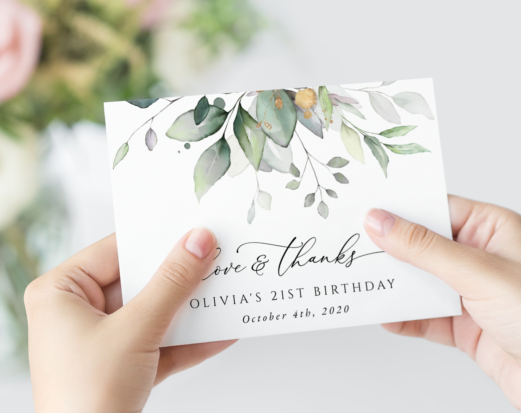 Greenery and Gold Thank You Card, Any Birthday, Printable File, Edit Yourself, SH111