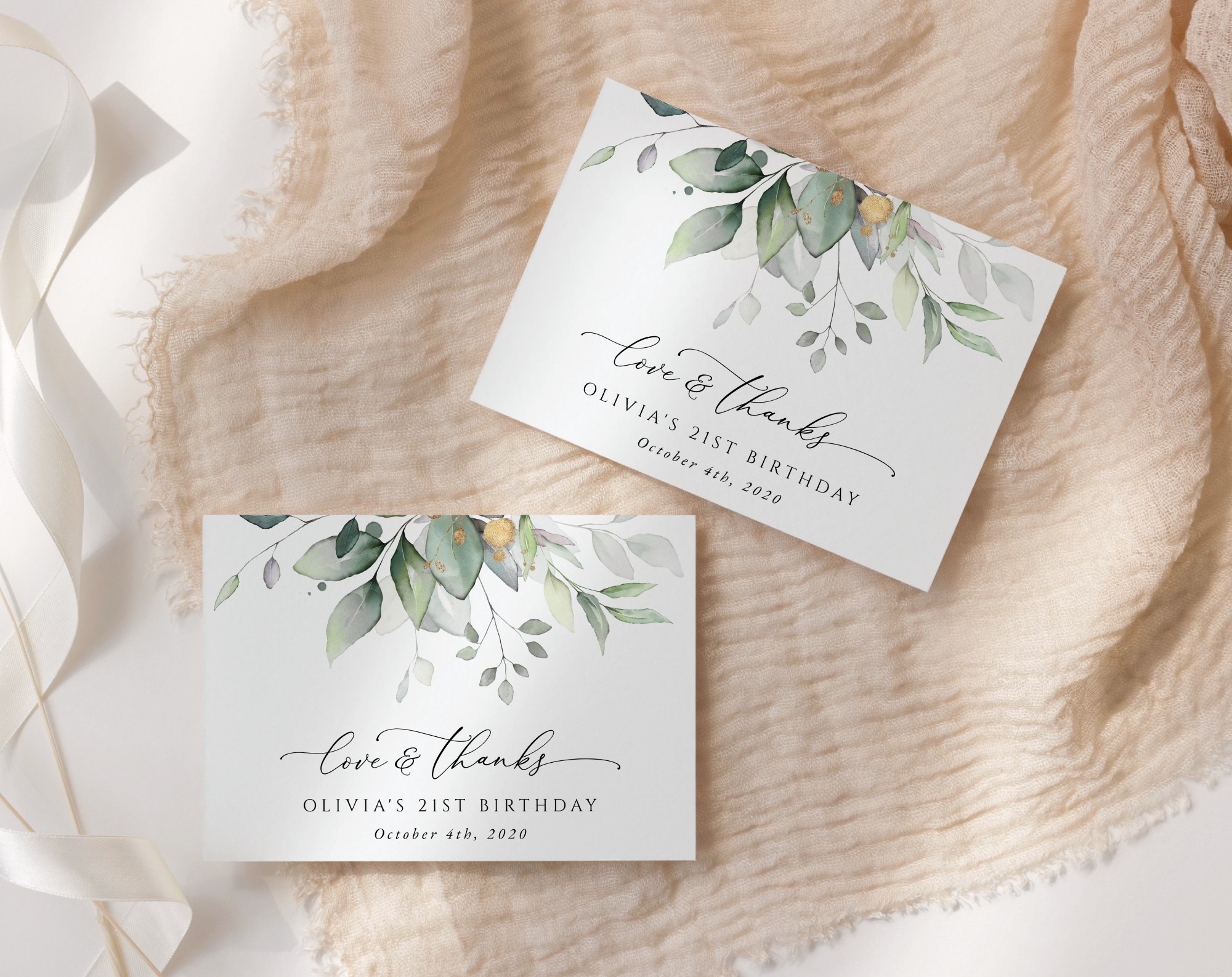 Greenery and Gold Thank You Card, Any Birthday, Printable File, Edit Yourself, SH111 Greenery and Gold Thank You Card, Any Birthday, Printable File, Edit Yourself, SH111