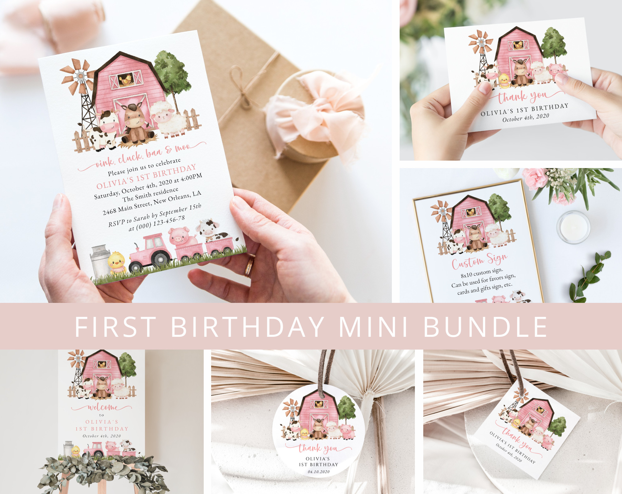 Farm Animals and Pink Barn First Birthday Mini Bundle, Girl Birthday, Printable File, Edit Yourself, SH112