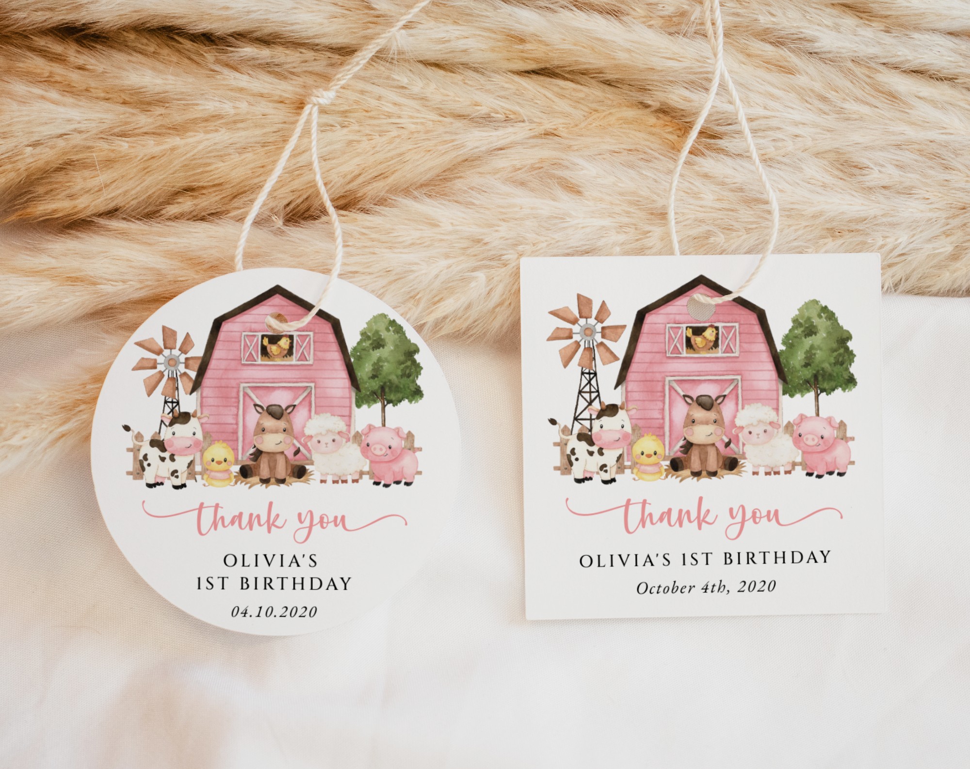 Farm Animals and Pink Barn Favor Tags, First Birthday, Girl Birthday, Printable File, Edit Yourself, SH112