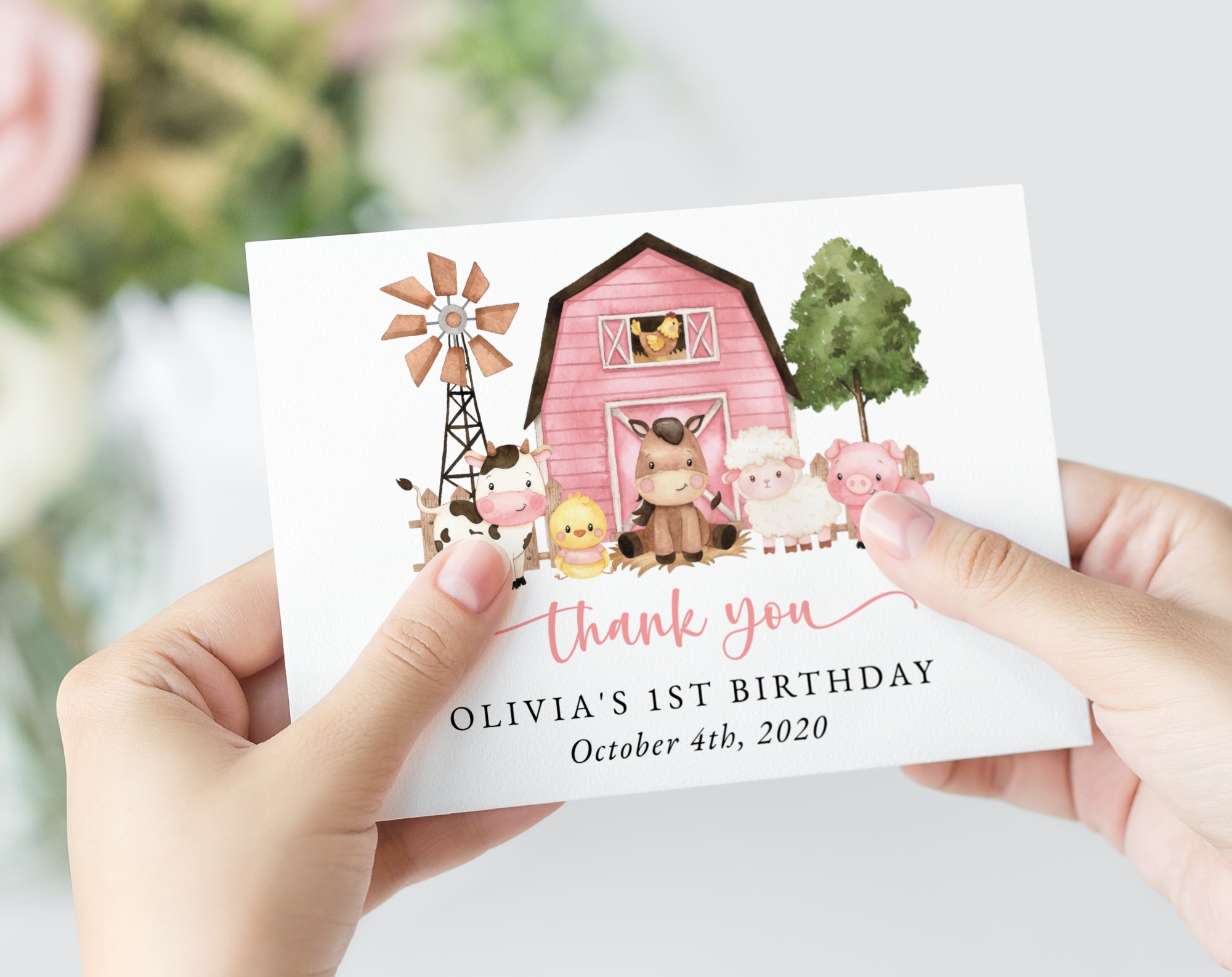 Farm Animals and Pink Barn Thank You Card, First Birthday, Girl Birthday, Printable File, Edit Yourself, SH112
