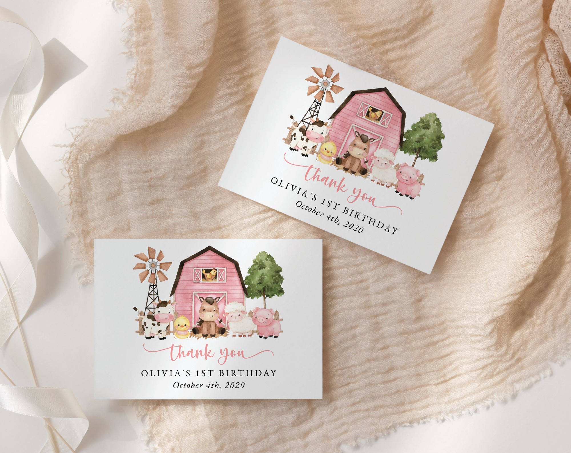Farm Animals and Pink Barn Thank You Card, First Birthday, Girl Birthday, Printable File, Edit Yourself, SH112