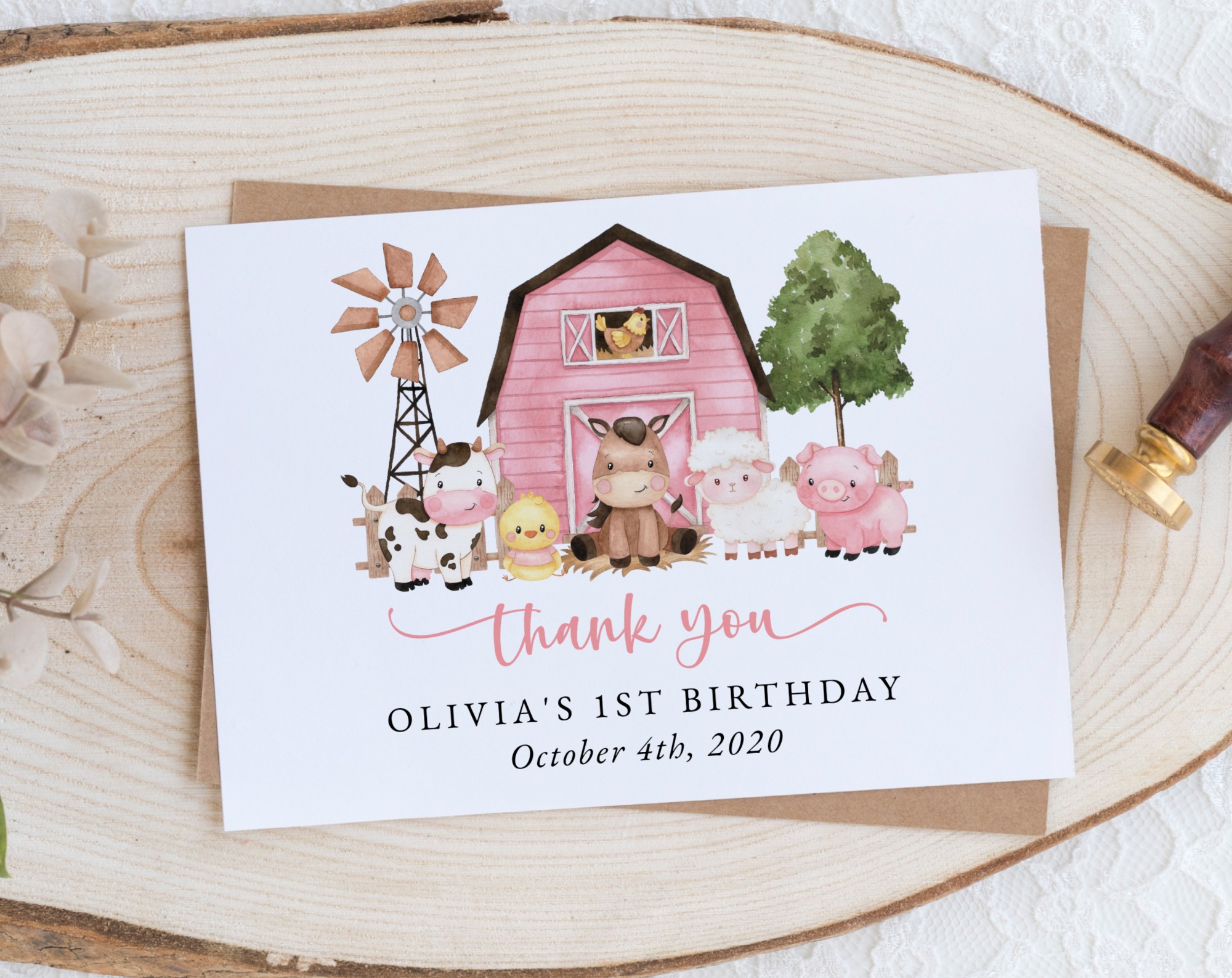 Farm Animals and Pink Barn Thank You Card, First Birthday, Girl Birthday, Printable File, Edit Yourself, SH112