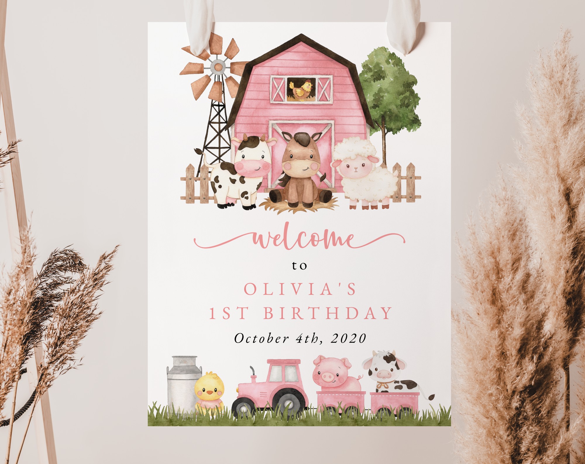 Farm Animals and Pink Barn Welcome Sign, First Birthday, Girl Birthday, Printable File, Edit Yourself, SH112