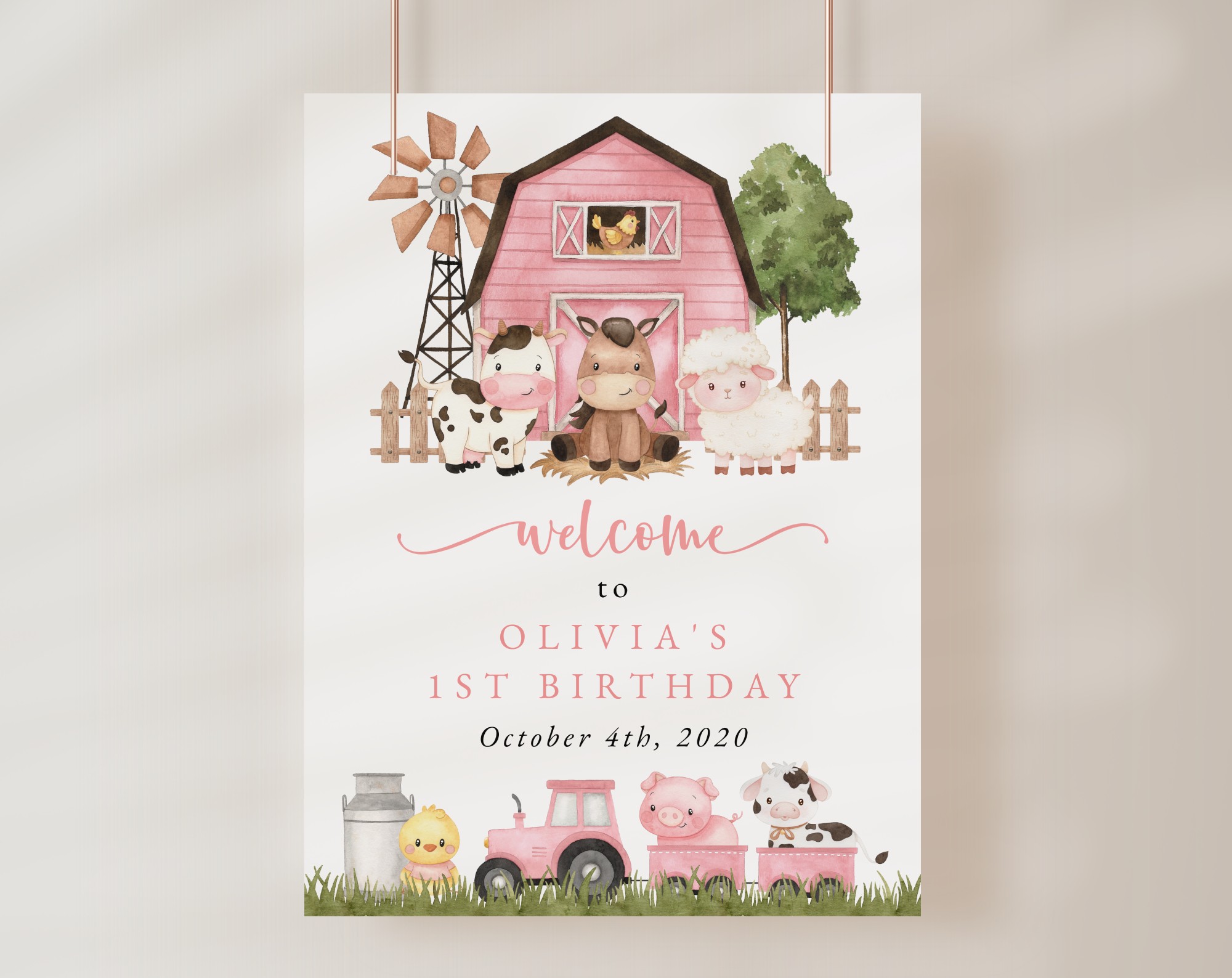 Farm Animals and Pink Barn Welcome Sign, First Birthday, Girl Birthday, Printable File, Edit Yourself, SH112