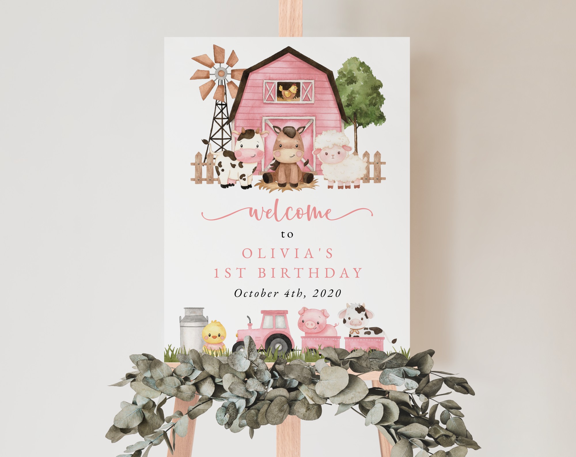 Farm Animals and Pink Barn Welcome Sign, First Birthday, Girl Birthday, Printable File, Edit Yourself, SH112