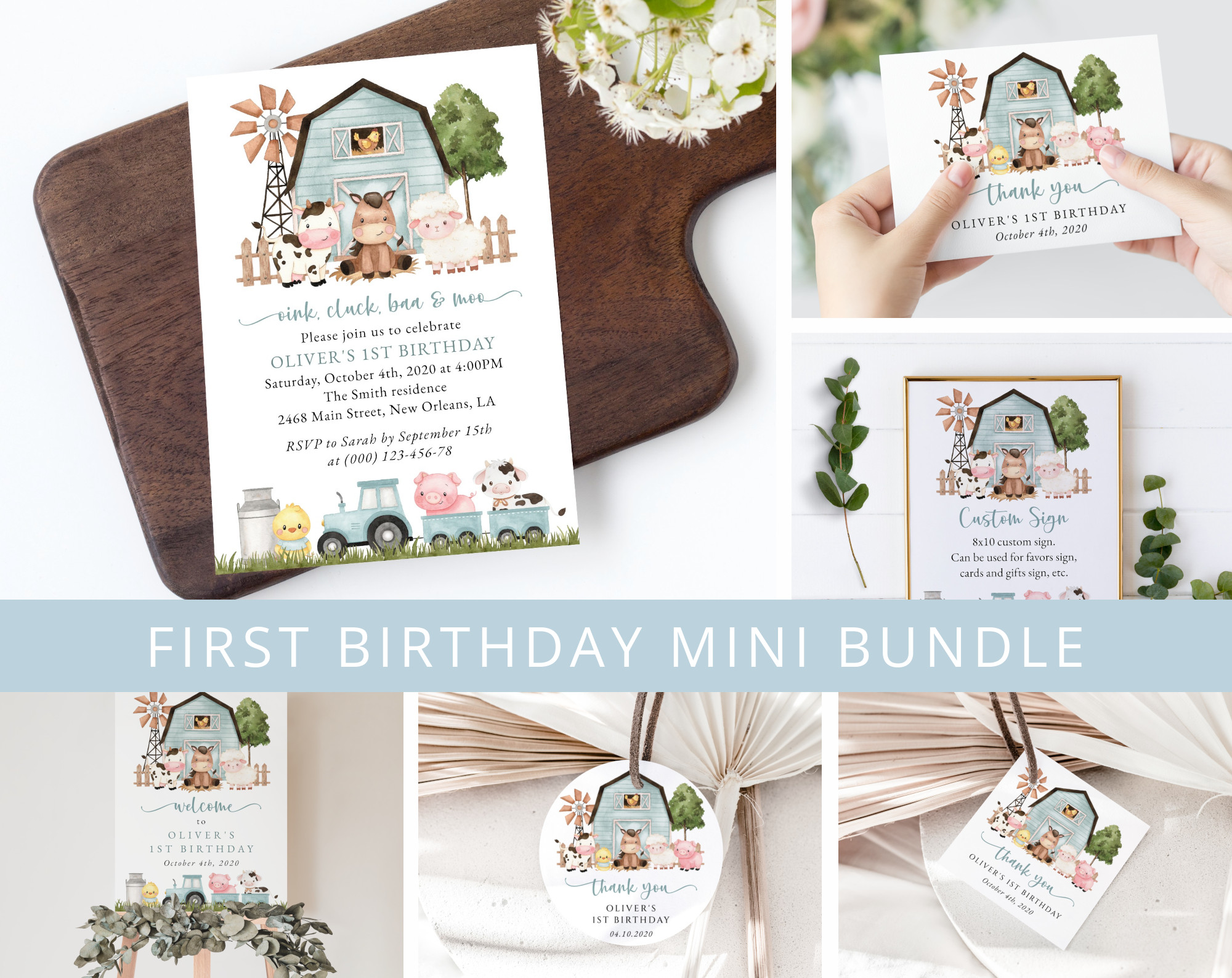 Farm Animals and Blue Barn First Birthday Mini Bundle, Boy Birthday, Printable File, Edit Yourself, SH113