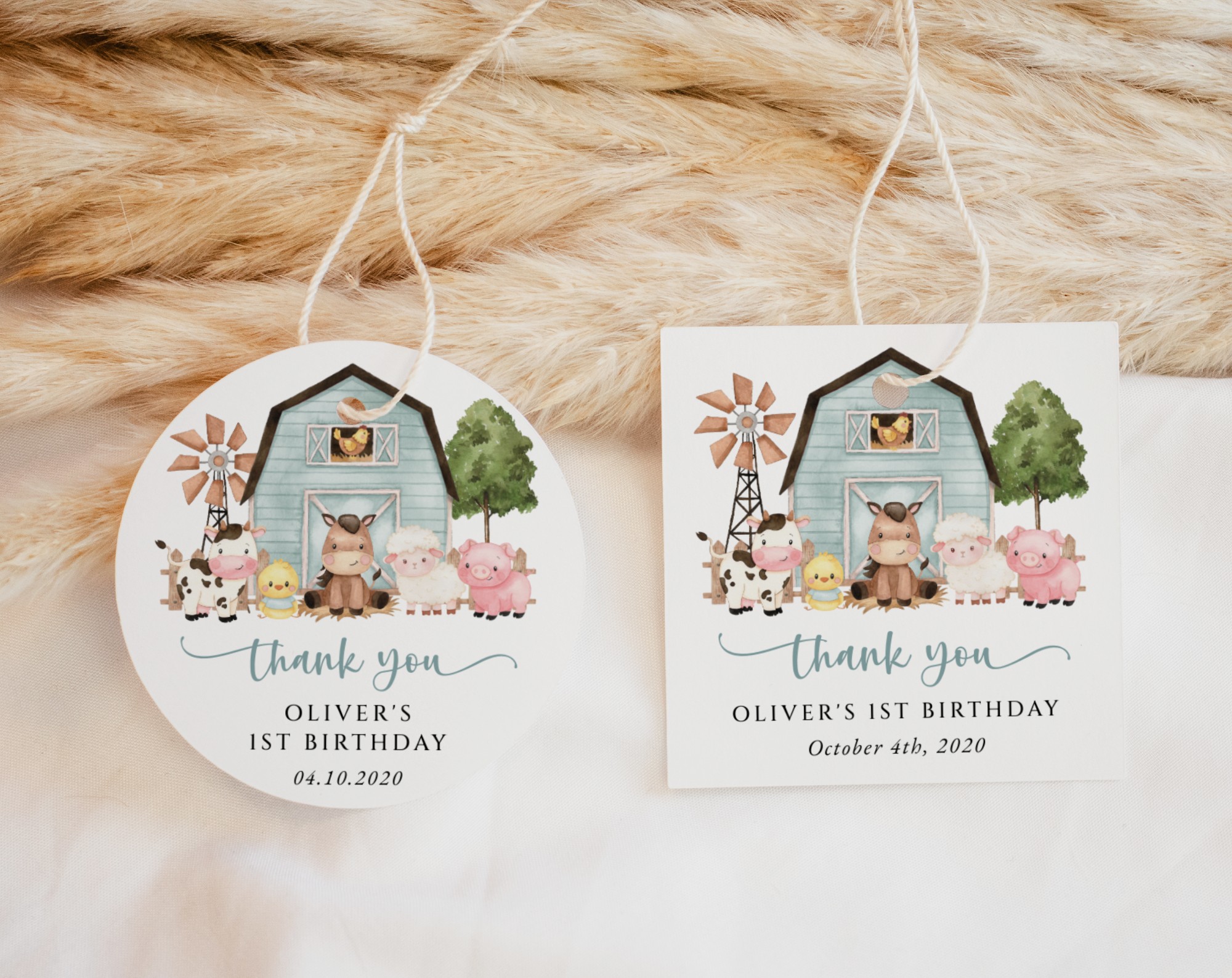 Farm Animals and Blue Barn Favor Tags, First Birthday, Boy Birthday, Printable File, Edit Yourself, SH113