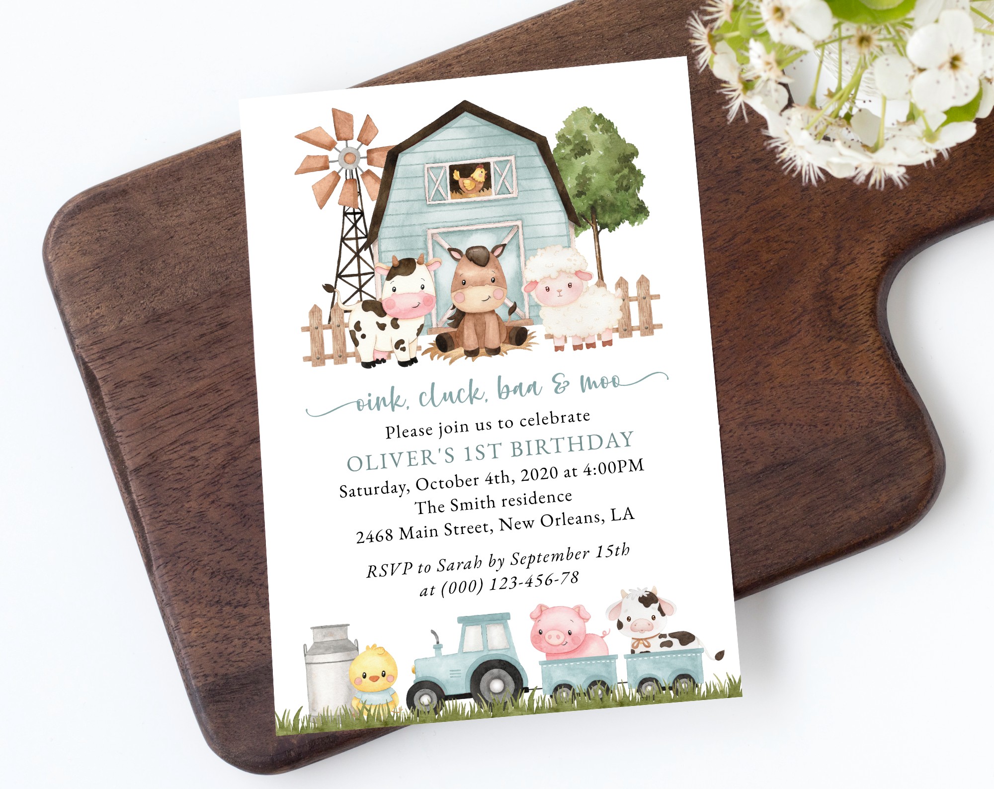 Farm Animals and Blue Barn First Birthday Invitation, Birthday Stationery, Boy Birthday, Printable File, Edit Yourself, SH113