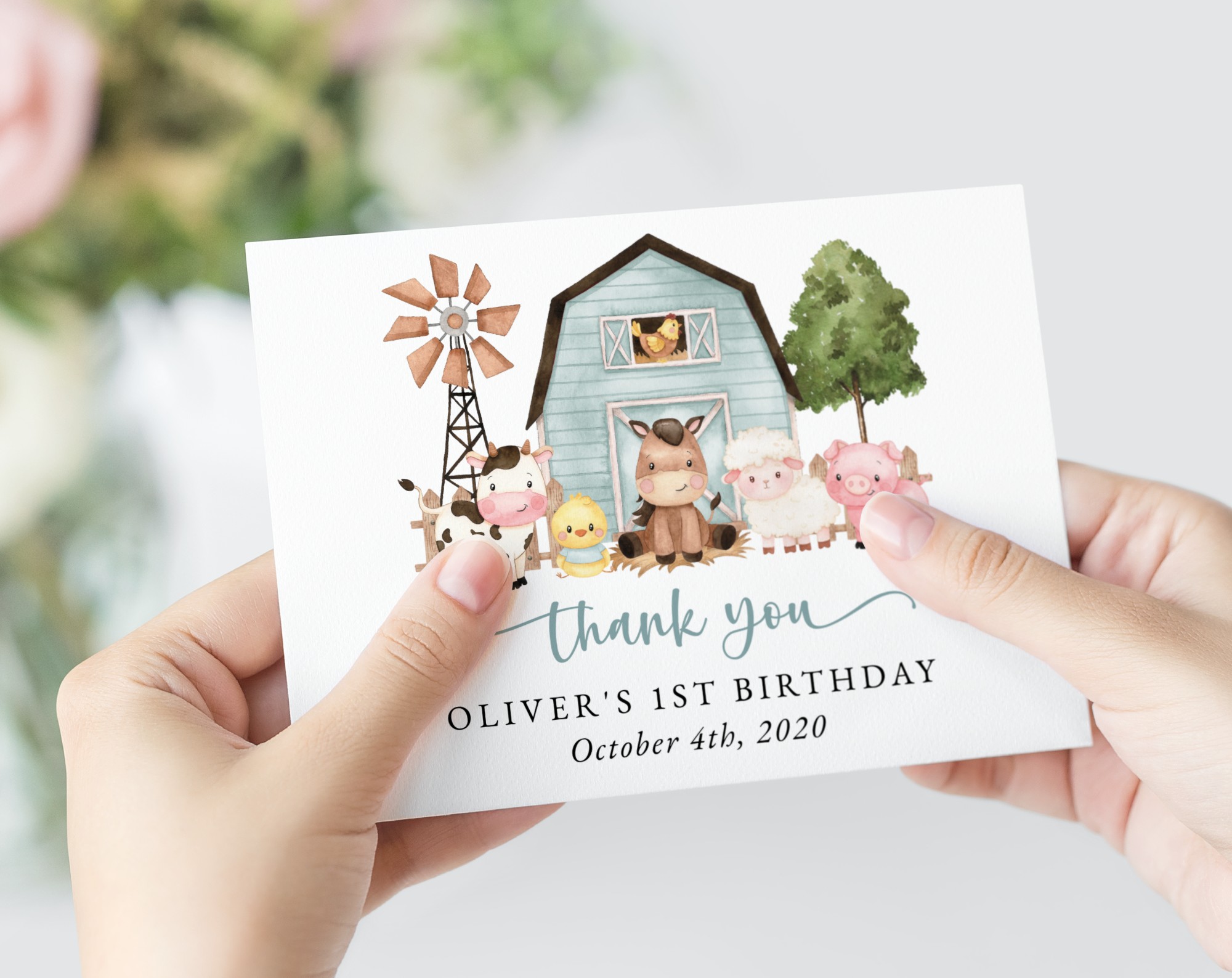 Farm Animals and Blue Barn Thank You Card, First Birthday, Boy Birthday, Printable File, Edit Yourself, SH113