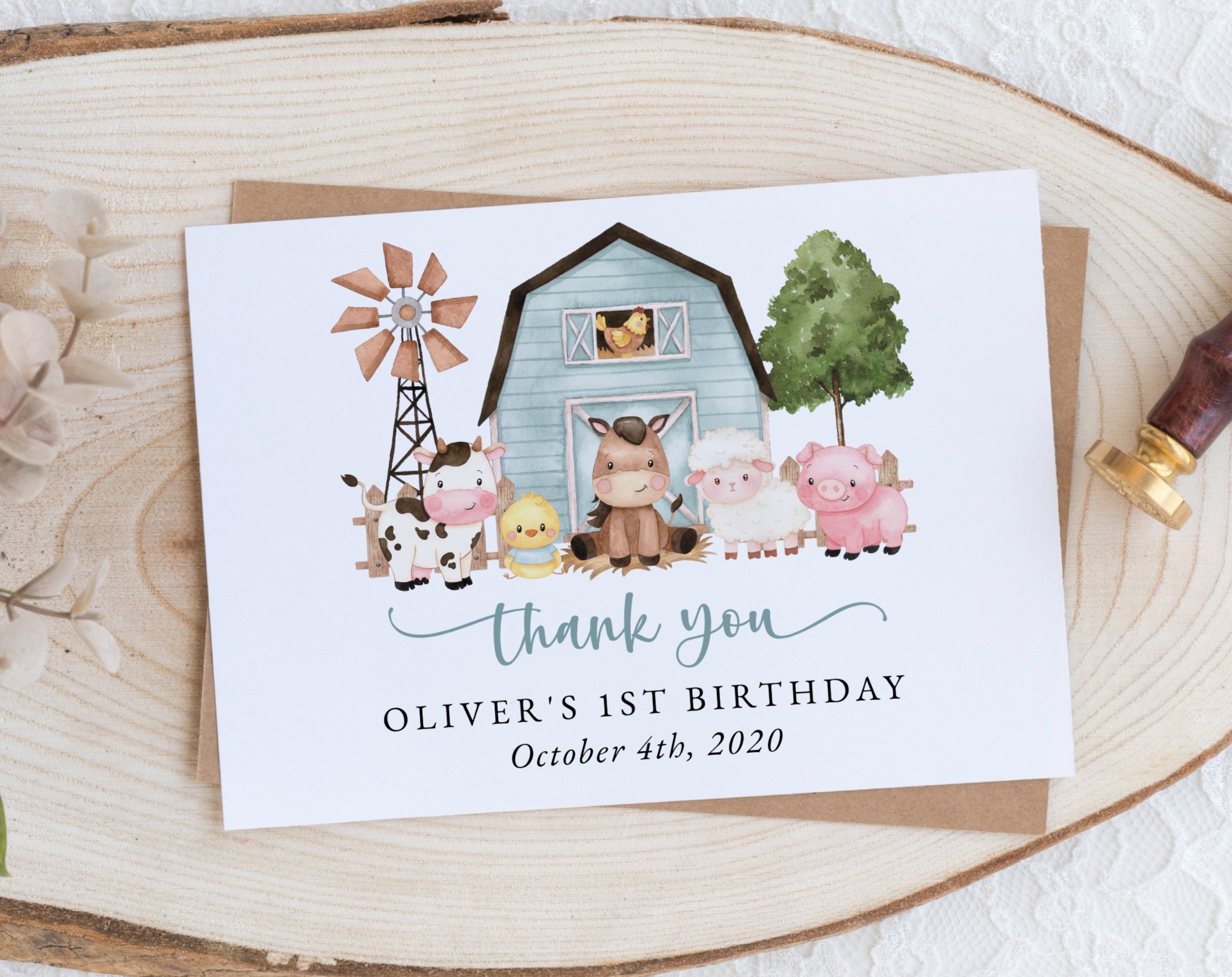 Farm Animals and Blue Barn Thank You Card, First Birthday, Boy Birthday, Printable File, Edit Yourself, SH113