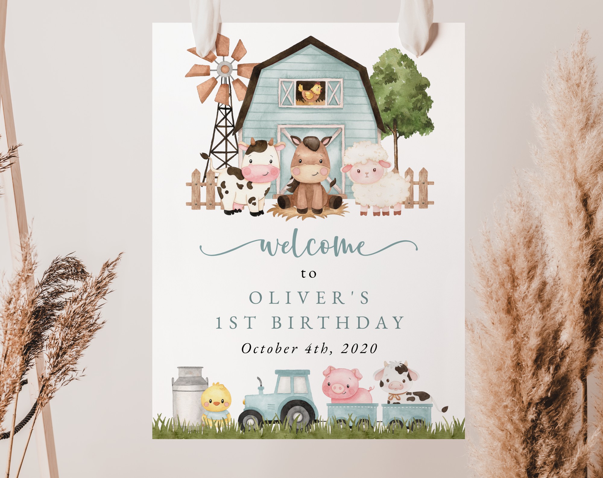 Farm Animals and Blue Barn Welcome Sign, First Birthday, Boy Birthday, Printable File, Edit Yourself, SH113