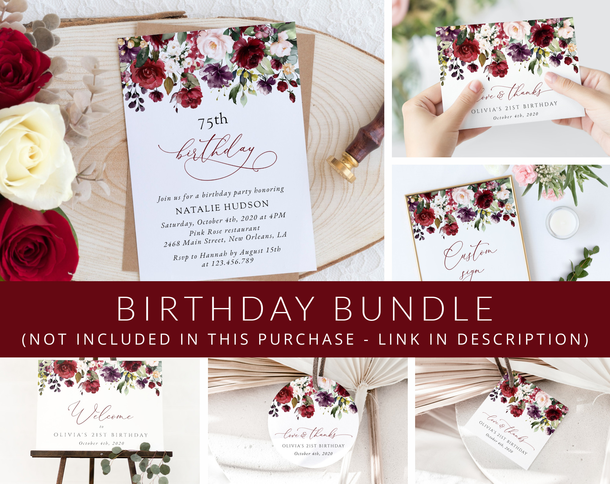 Burgundy, Purple and Blush Flowers Birthday Mini Bundle, Girl Birthday, Any Birthday, Printable File, Edit Yourself, SH114