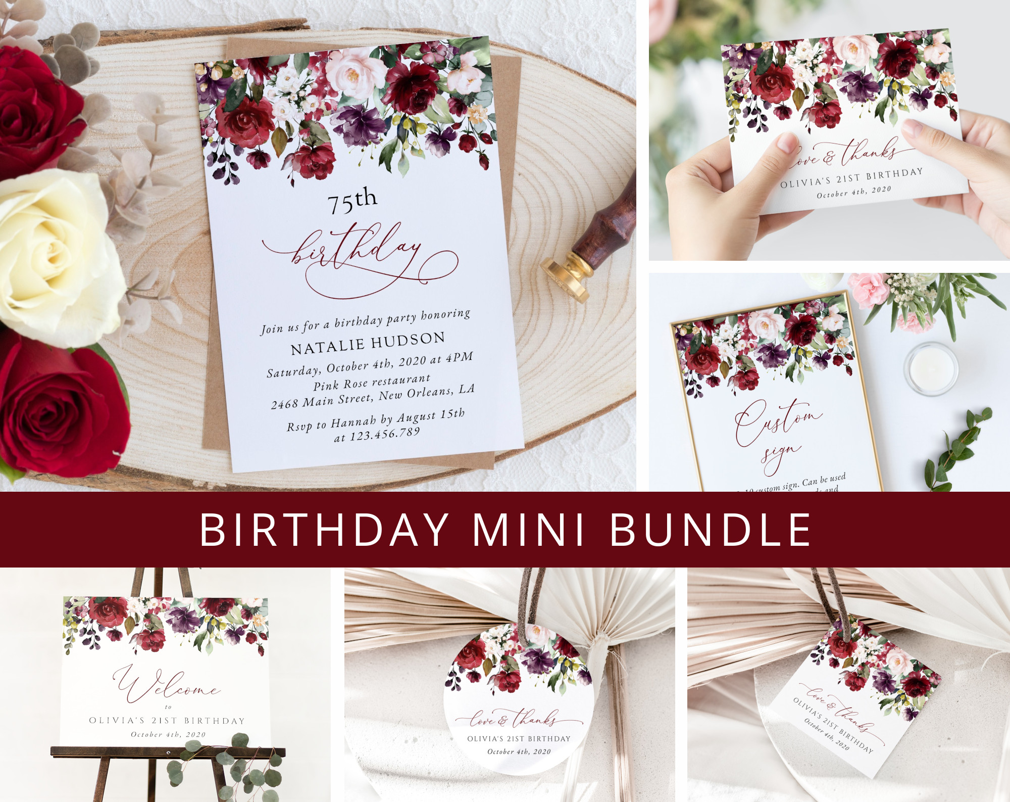 Burgundy, Purple and Blush Flowers Birthday Mini Bundle, Girl Birthday, Any Birthday, Printable File, Edit Yourself, SH114