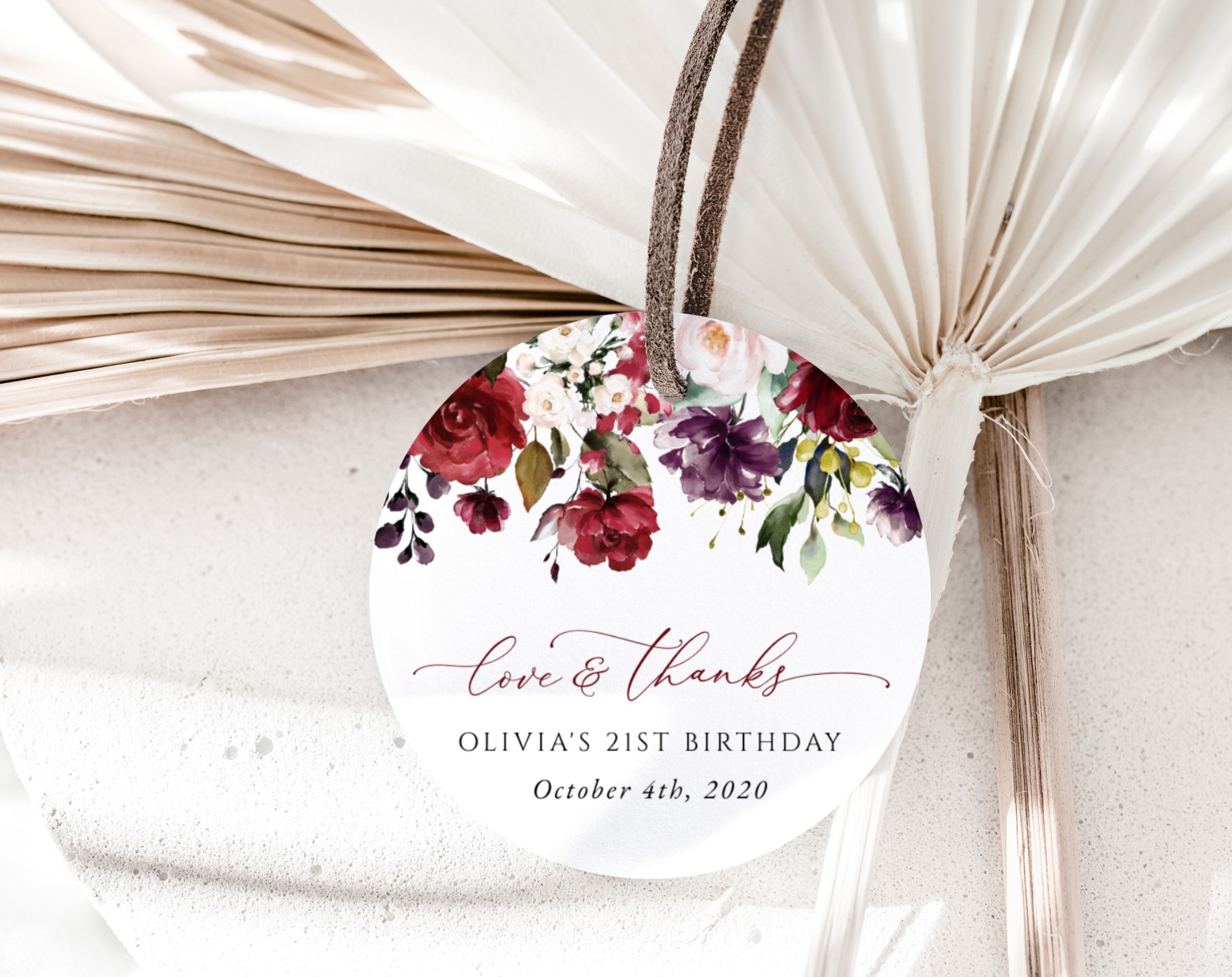 Burgundy, Purple and Blush Flowers Favor Tags, Gift Tags, Girl Birthday, Printable File, Edit Yourself, SH114