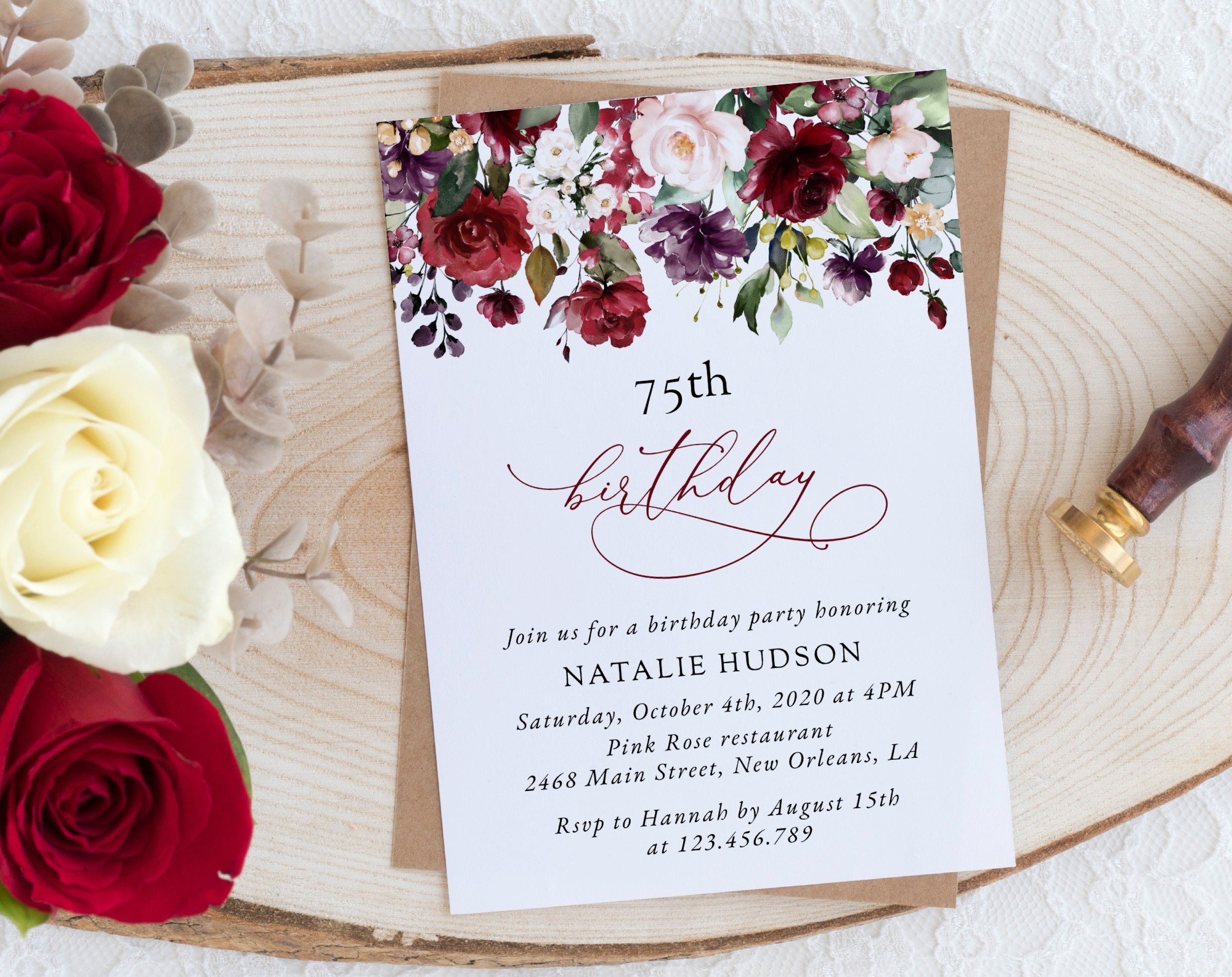 Burgundy, Purple and Blush Flowers Birthday Invitation, Girl Birthday, Any Birthday, Printable File, Edit Yourself, SH114