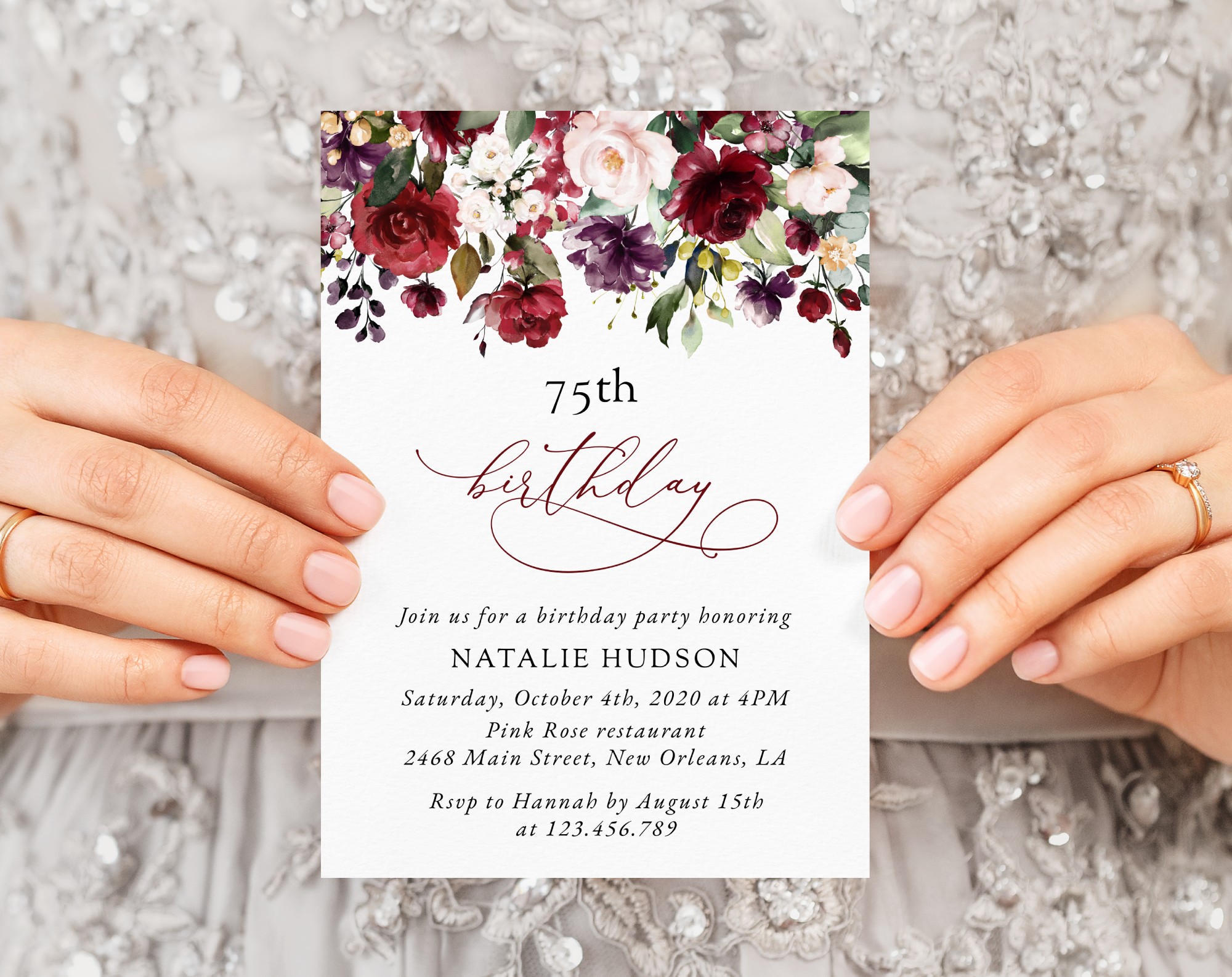 Burgundy, Purple and Blush Flowers Birthday Invitation, Girl Birthday, Any Birthday, Printable File, Edit Yourself, SH114