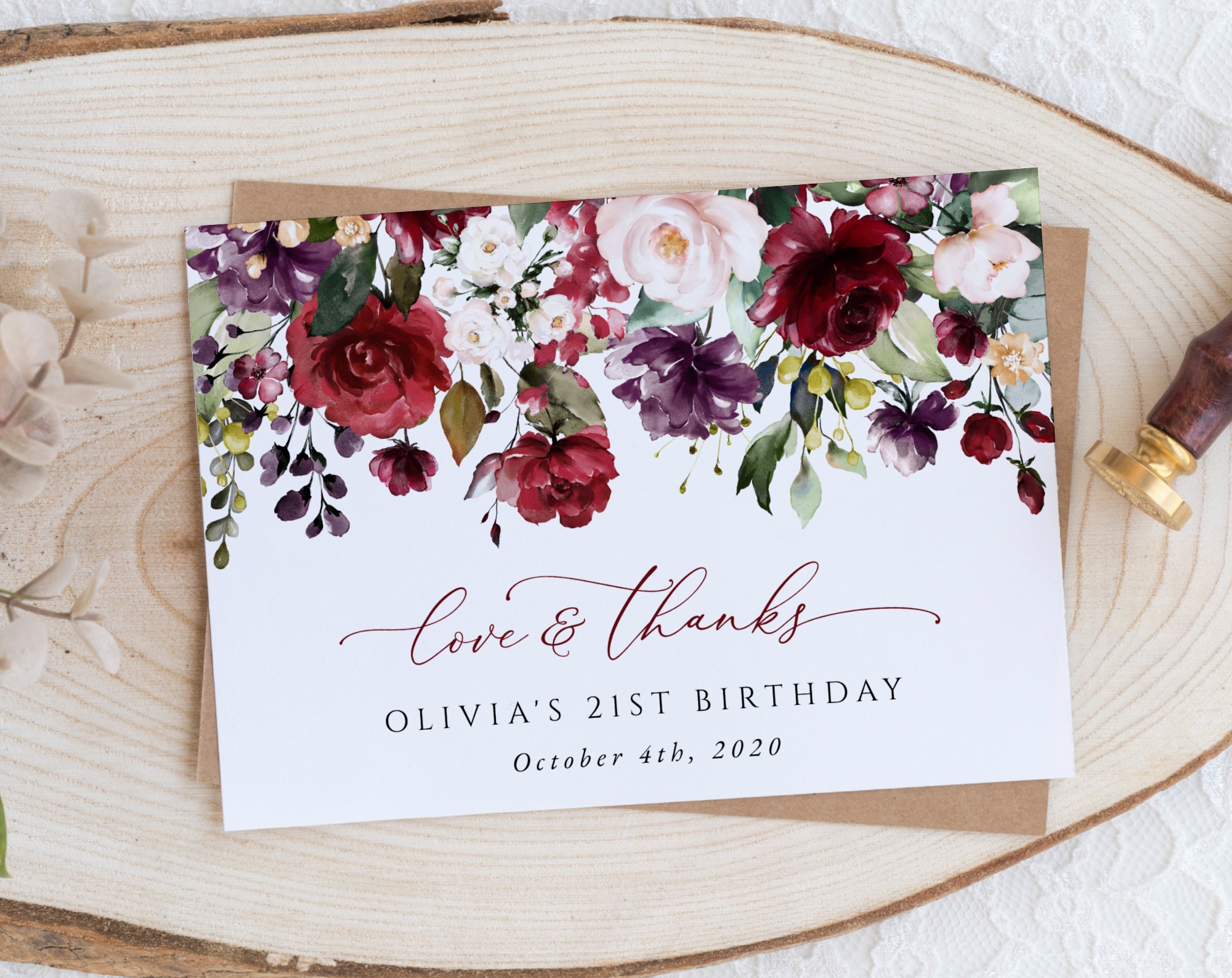 Burgundy, Purple and Blush Flowers Thank You Card, Girl Birthday, Printable File, Edit Yourself, SH114 Burgundy, Purple and Blush Flowers Thank You Card, Girl Birthday, Printable File, Edit Yourself, SH114