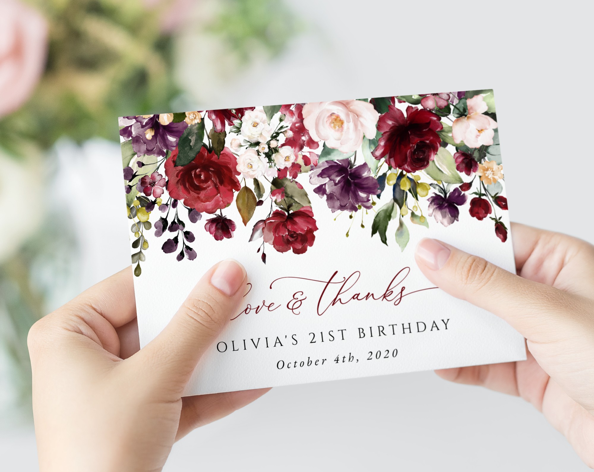 Burgundy, Purple and Blush Flowers Thank You Card, Girl Birthday, Printable File, Edit Yourself, SH114