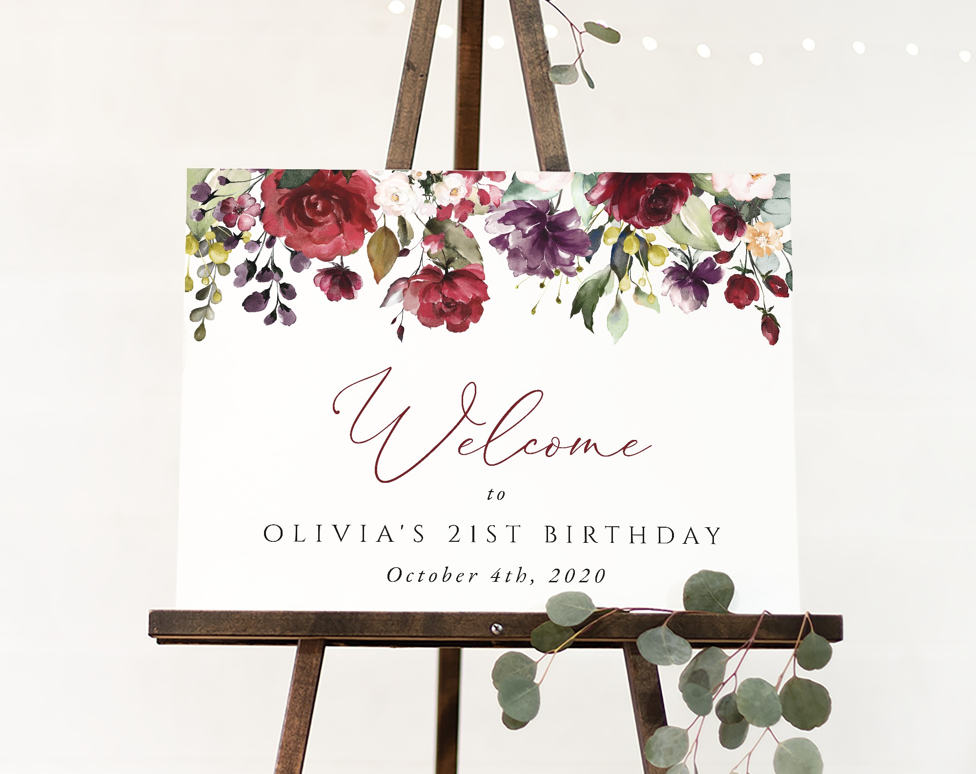 Burgundy, Purple and Blush Flowers Welcome Sign, Birthday Sign, Girl Birthday, Printable File, Edit Yourself, SH114