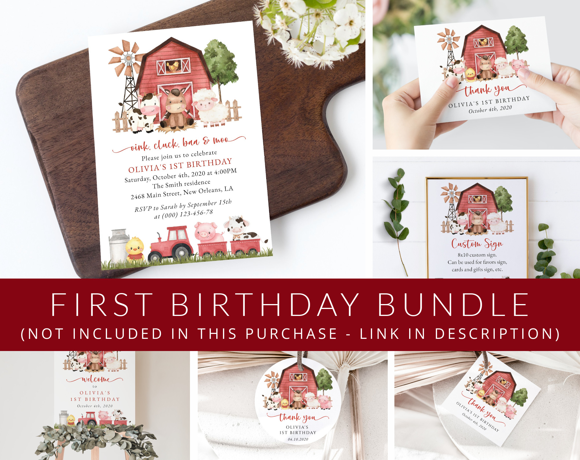 Farm Animals and Red Barn First Birthday Mini Bundle, Girl Birthday, Printable File, Edit Yourself, SH115 Farm Animals and Red Barn First Birthday Mini Bundle, Girl Birthday, Printable File, Edit Yourself, SH115
