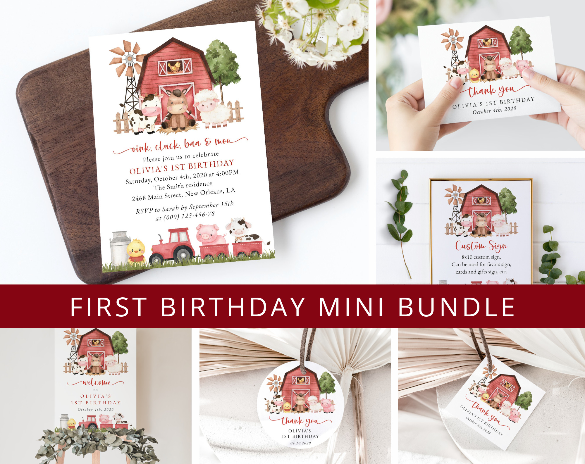 Farm Animals and Red Barn First Birthday Mini Bundle, Girl Birthday, Printable File, Edit Yourself, SH115