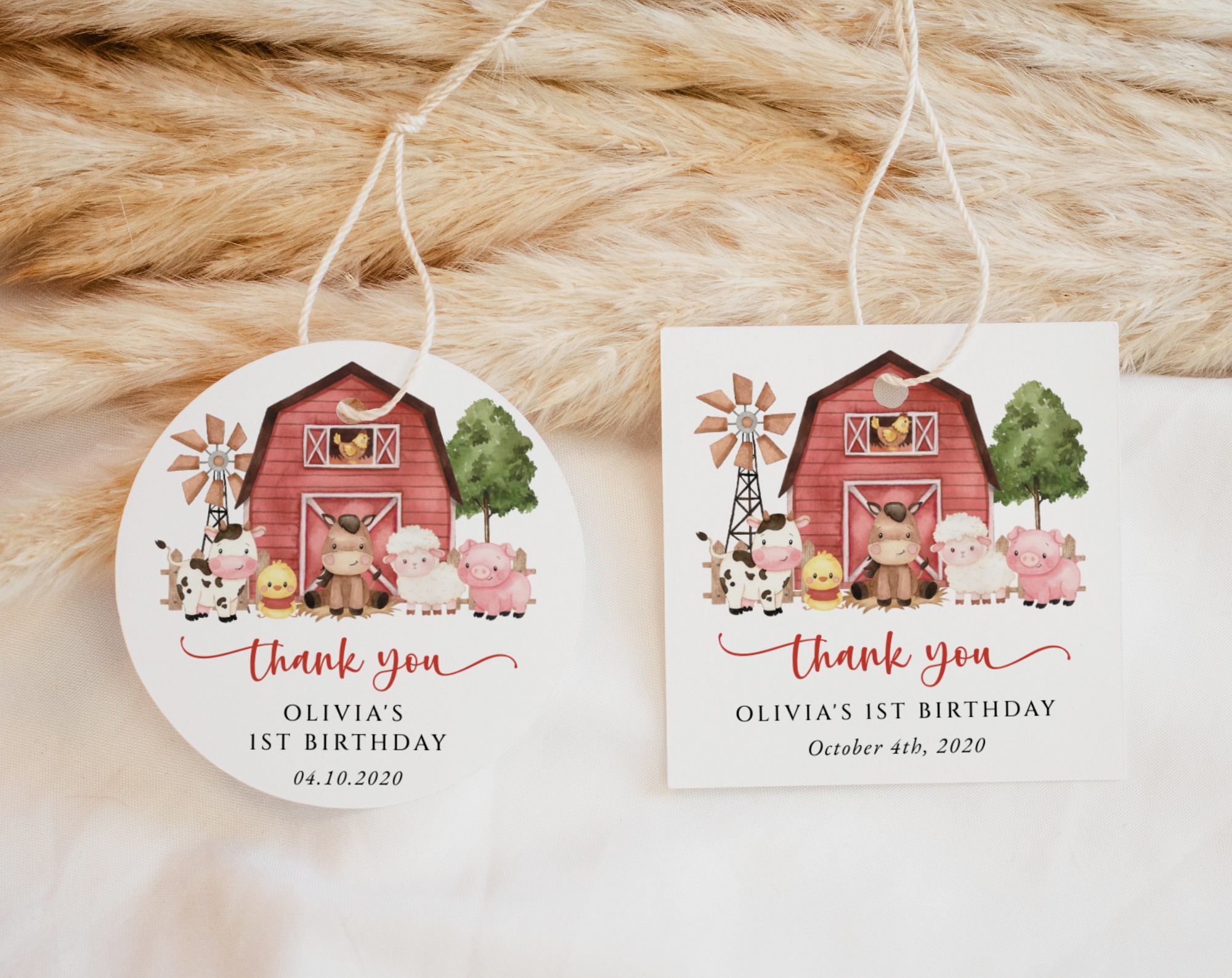 Farm Animals and Red Barn Favor Tags, First Birthday, Girl Birthday, Printable File, Edit Yourself, SH115 Farm Animals and Red Barn Favor Tags, First Birthday, Girl Birthday, Printable File, Edit Yourself, SH115