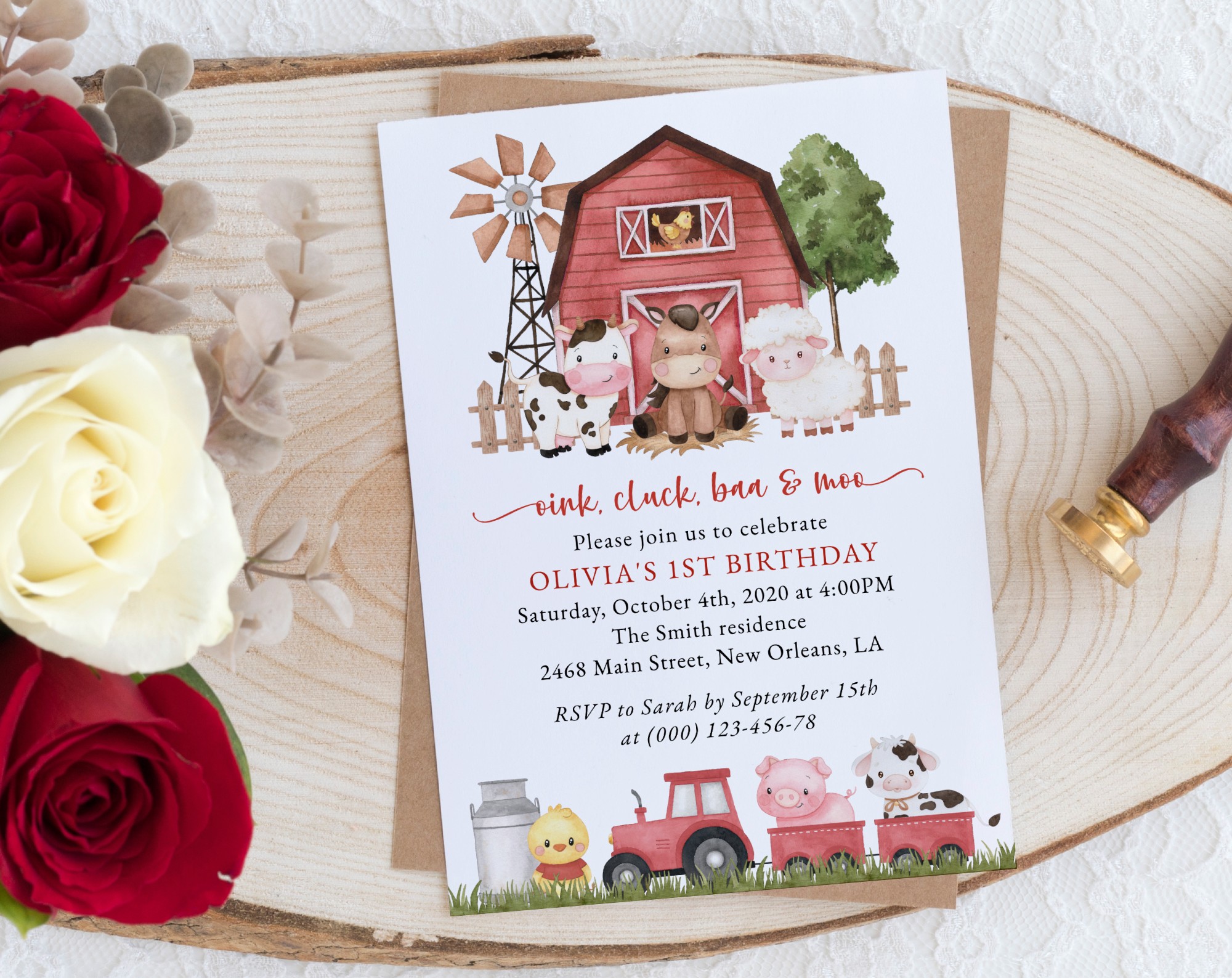 Farm Animals and Red Barn First Birthday Invitation, Birthday Stationery, Girl Birthday, Printable File, Edit Yourself, SH115