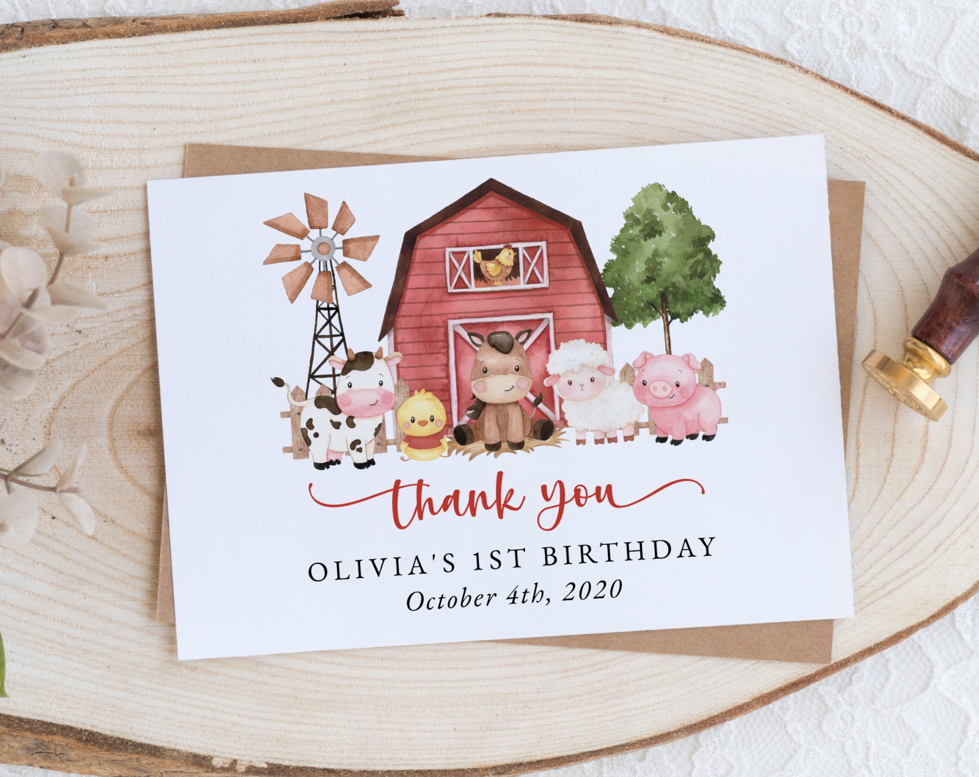 Farm Animals and Red Barn Thank You Card, First Birthday, Girl Birthday, Printable File, Edit Yourself, SH115