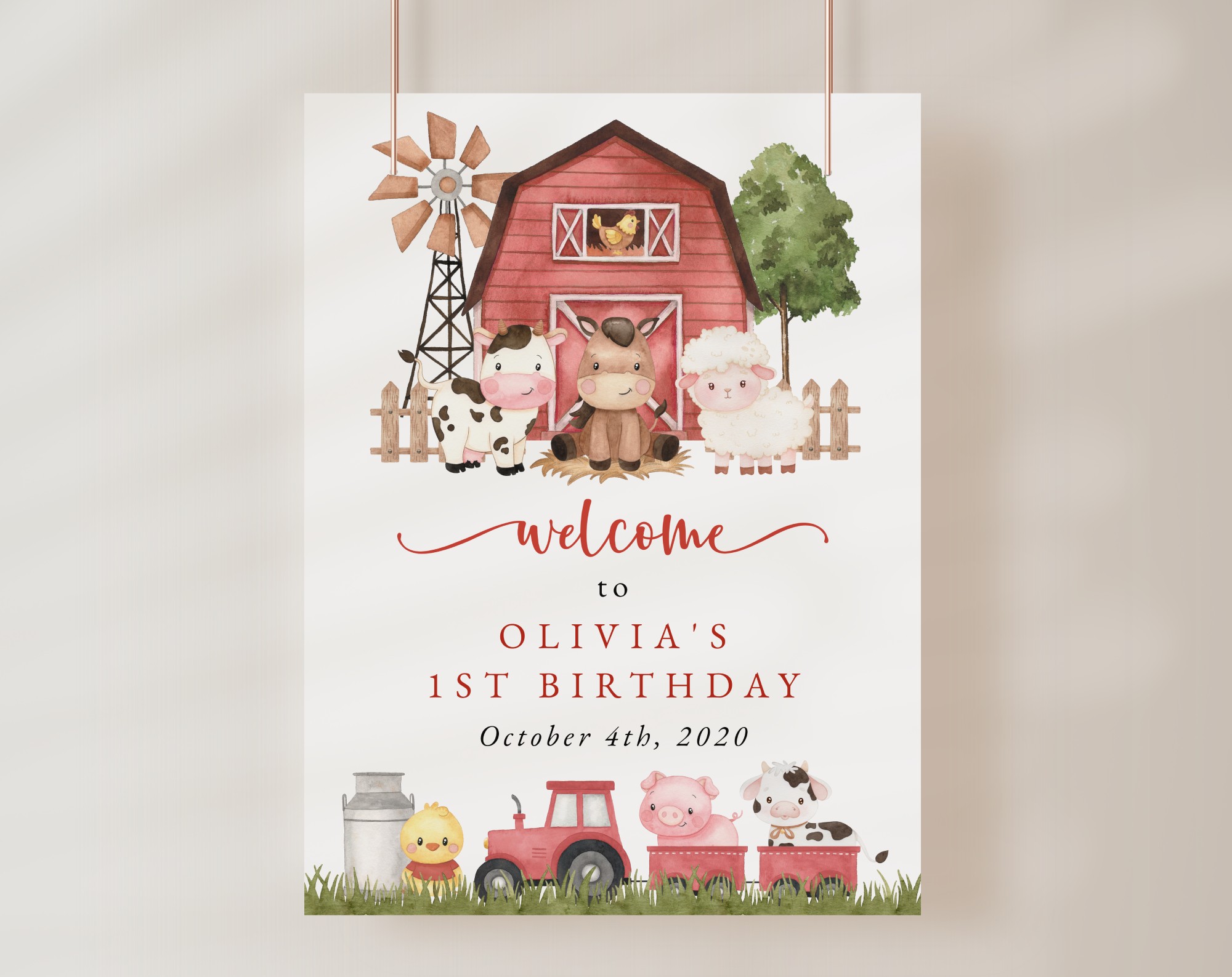 Farm Animals and Red Barn Welcome Sign, First Birthday, Girl Birthday, Printable File, Edit Yourself, SH115