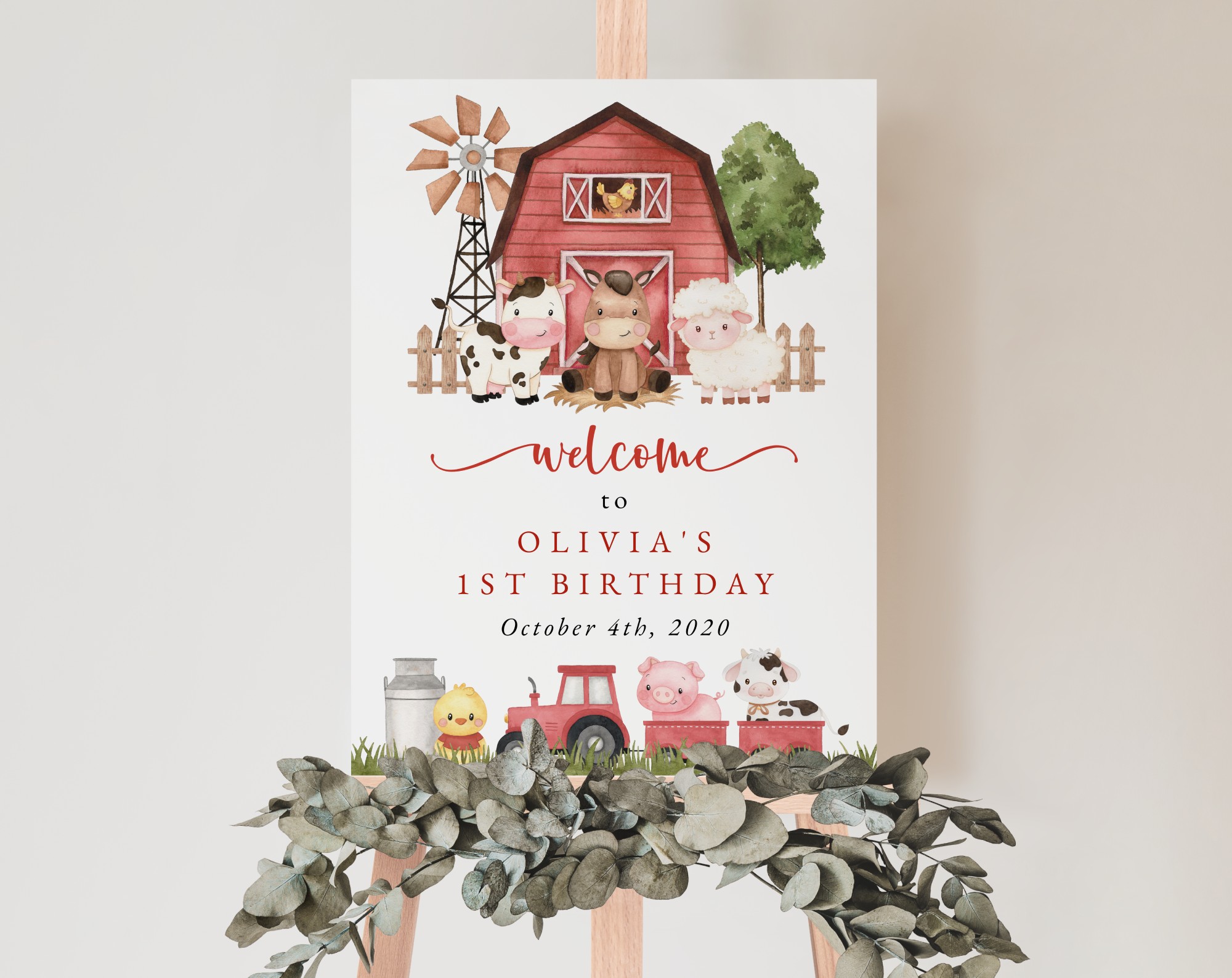 Farm Animals and Red Barn Welcome Sign, First Birthday, Girl Birthday, Printable File, Edit Yourself, SH115 Farm Animals and Red Barn Welcome Sign, First Birthday, Girl Birthday, Printable File, Edit Yourself, SH115