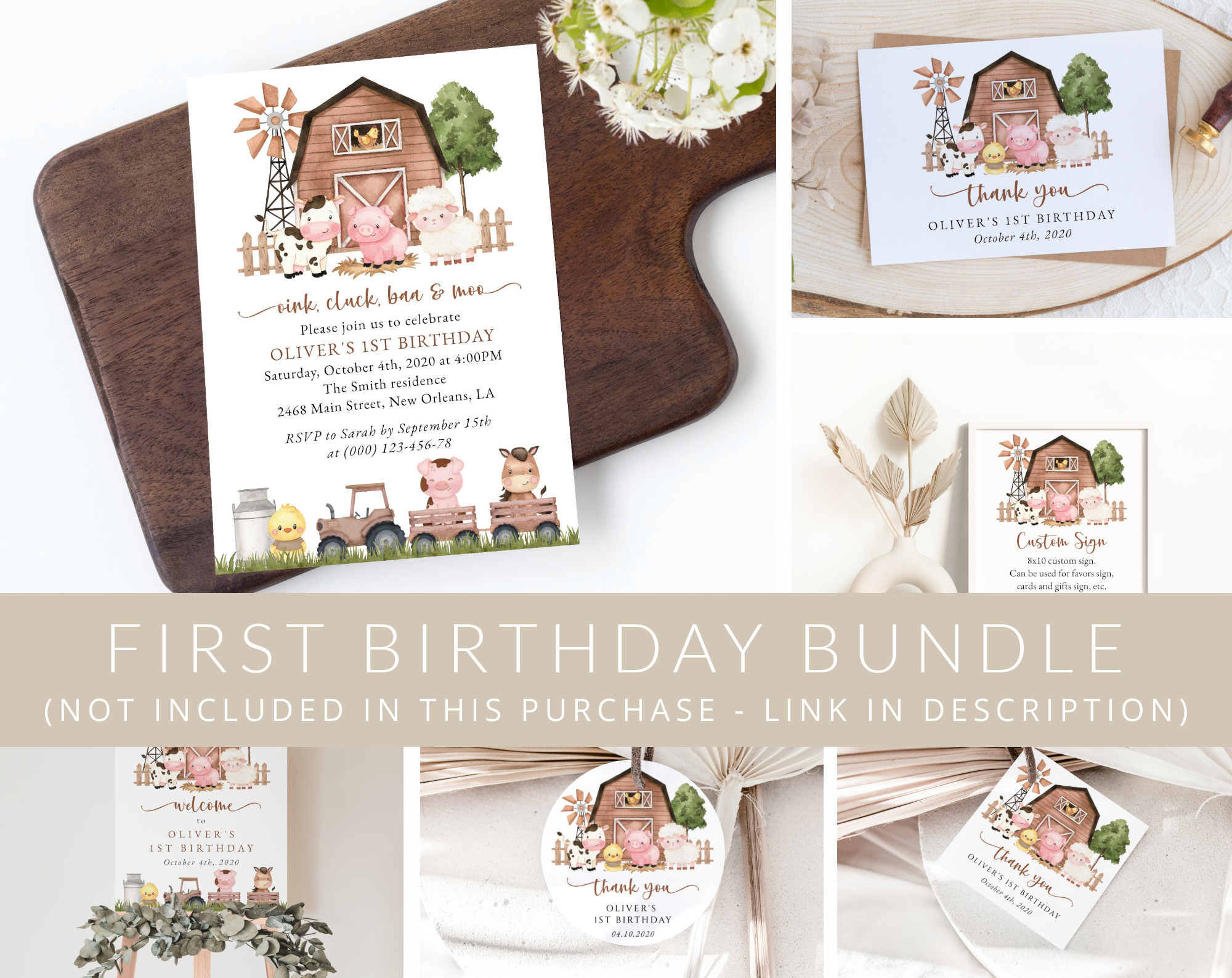 Farm Animals and Brown Barn First Birthday Mini Bundle, Gender Neutral Birthday, Printable File, Edit Yourself, SH116