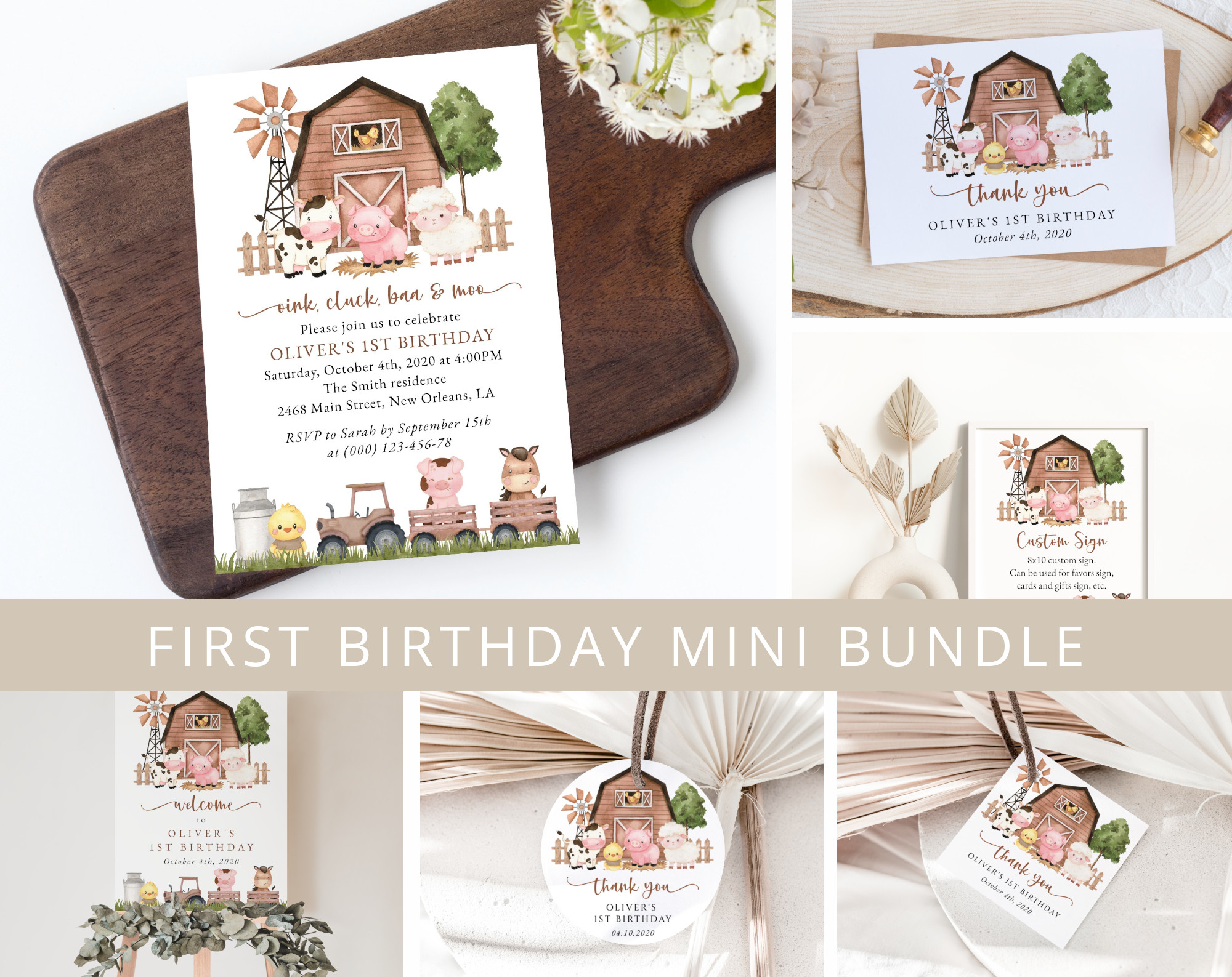 Farm Animals and Brown Barn First Birthday Mini Bundle, Gender Neutral Birthday, Printable File, Edit Yourself, SH116