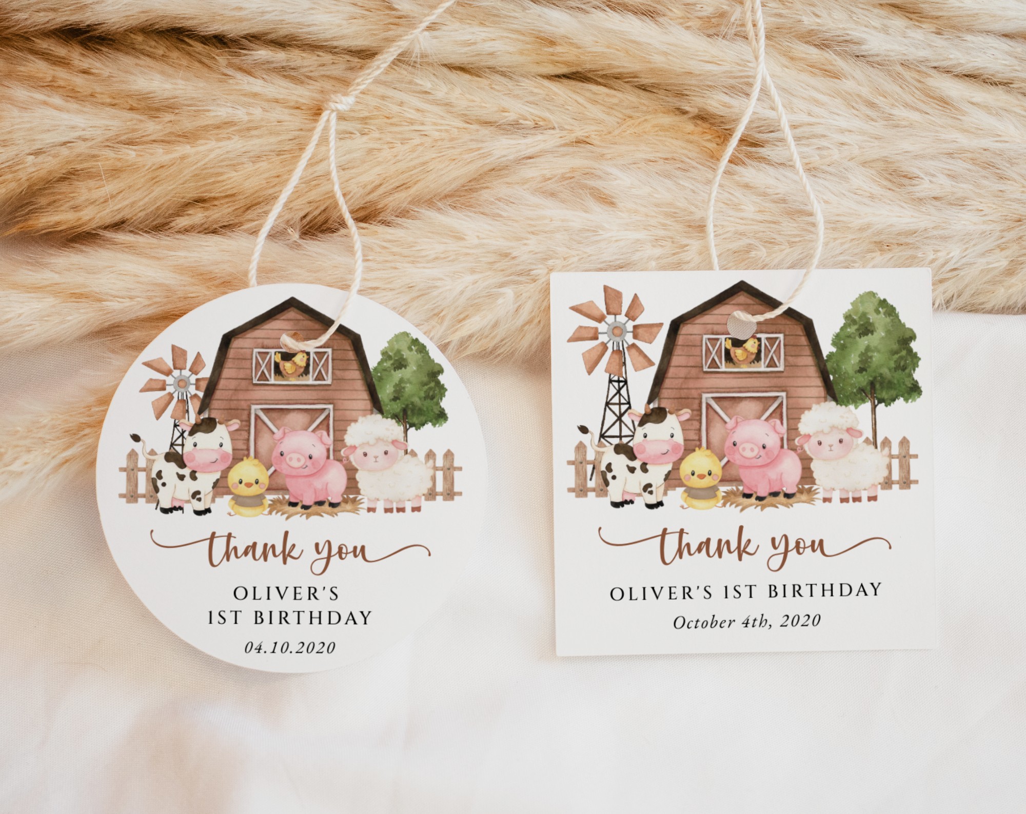 Farm Animals and Brown Barn Favor Tags, First Birthday, Gender Neutral, Printable File, Edit Yourself, SH116