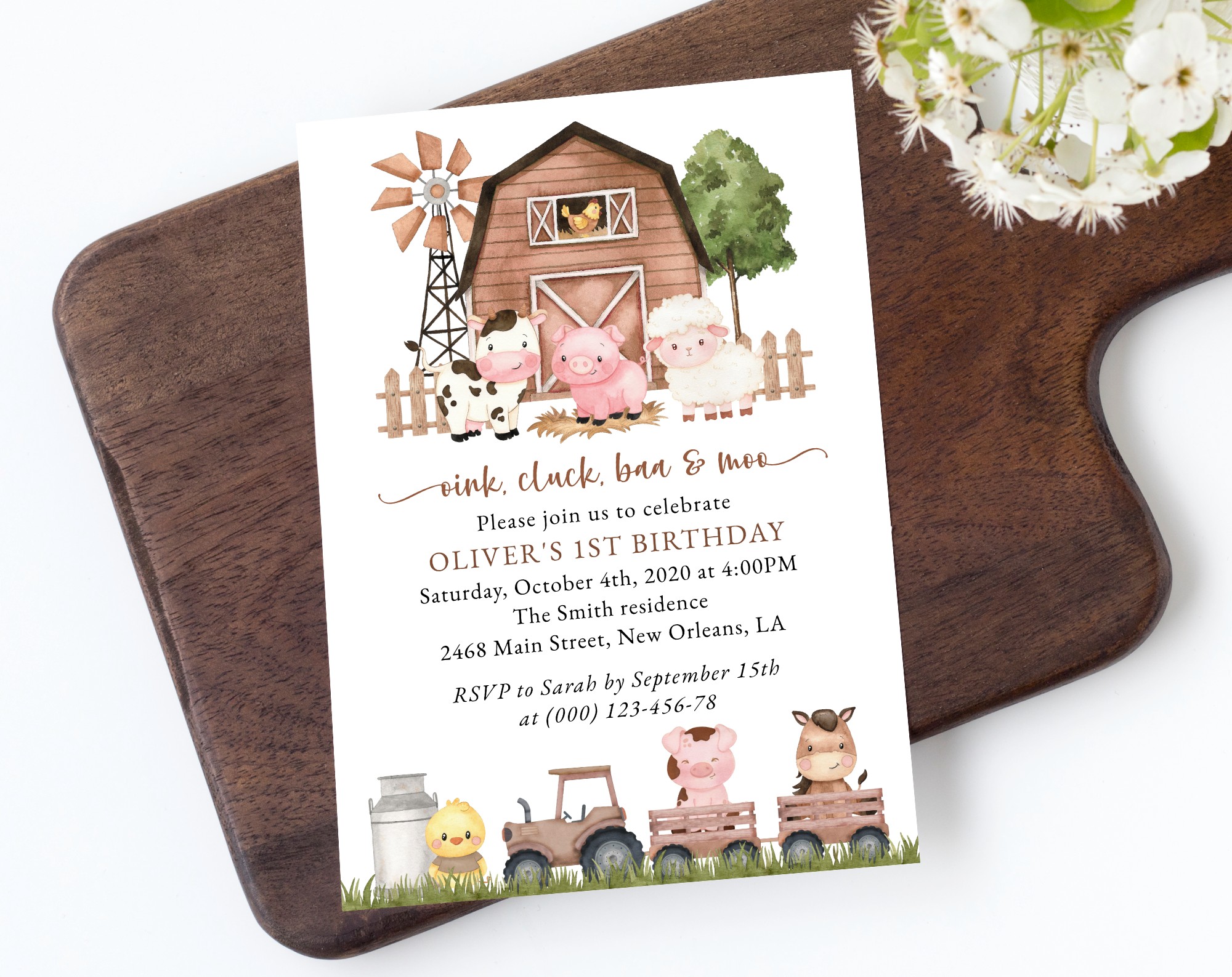 Farm Animals and Brown Barn First Birthday Invitation, Birthday Stationery, Gender Neutral, Printable File, Edit Yourself, SH116