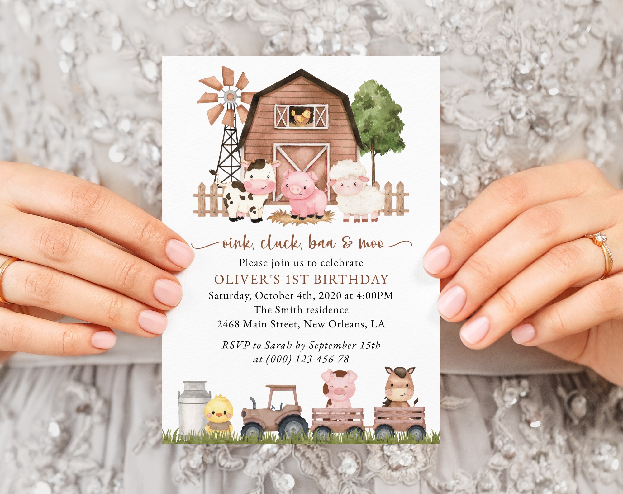 Farm Animals and Brown Barn First Birthday Invitation, Birthday Stationery, Gender Neutral, Printable File, Edit Yourself, SH116