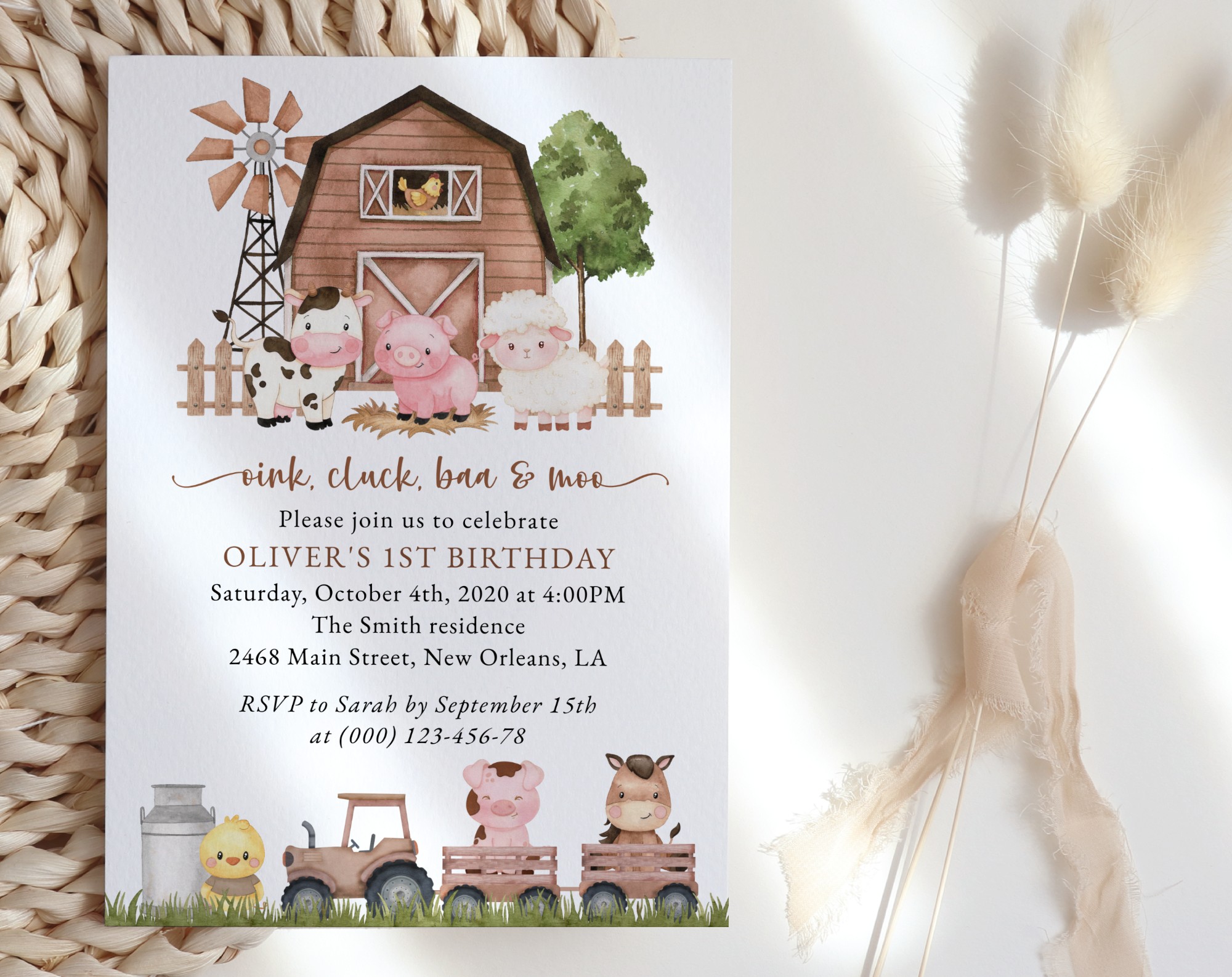 Farm Animals and Brown Barn First Birthday Invitation, Birthday Stationery, Gender Neutral, Printable File, Edit Yourself, SH116
