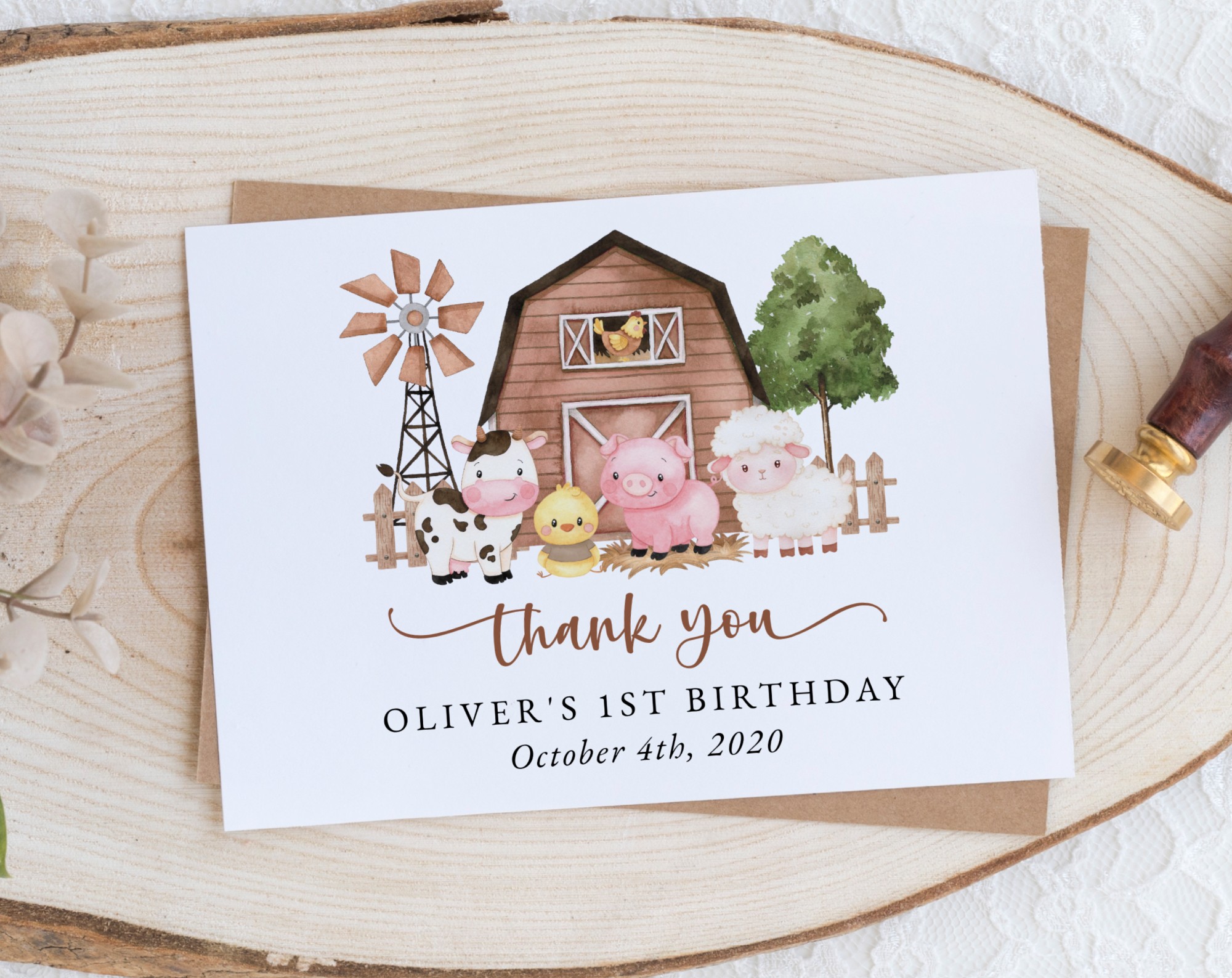 Farm Animals and Brown Barn Thank You Card, First Birthday, Gender Neutral, Printable File, Edit Yourself, SH116
