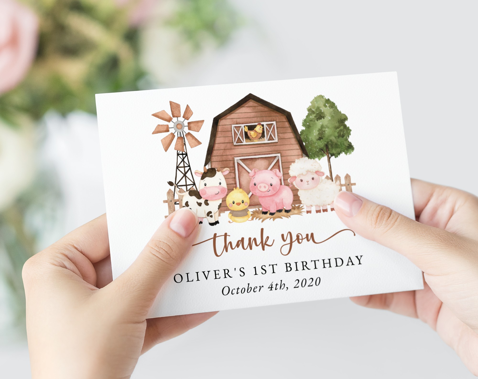 Farm Animals and Brown Barn Thank You Card, First Birthday, Gender Neutral, Printable File, Edit Yourself, SH116
