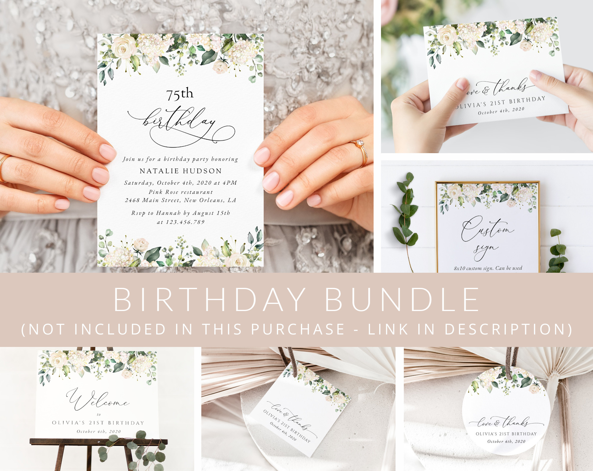 Cream White Flowers Birthday Mini Bundle, Girl Birthday, Any Birthday, Printable File, Edit Yourself, SH117