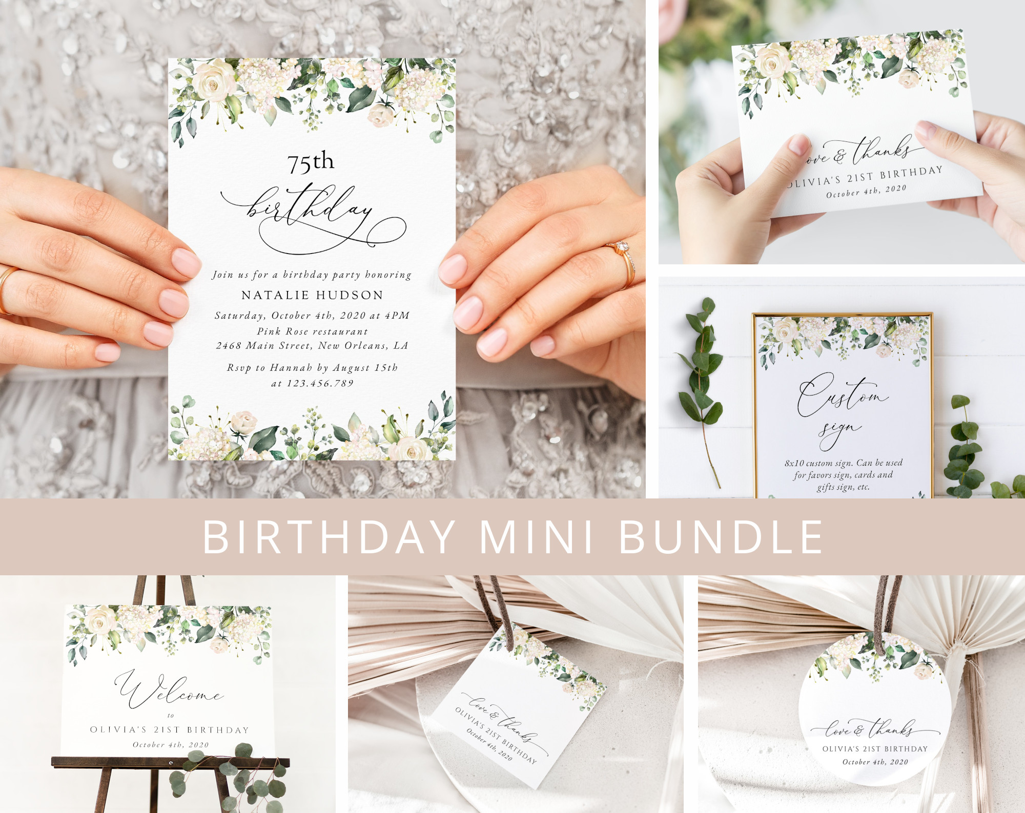 Cream White Flowers Birthday Mini Bundle, Girl Birthday, Any Birthday, Printable File, Edit Yourself, SH117