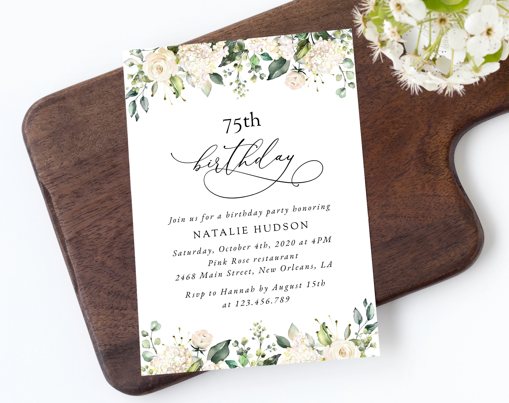 Cream White Flowers Birthday Invitation, Girl Birthday, Any Birthday, Printable File, Edit Yourself, SH117