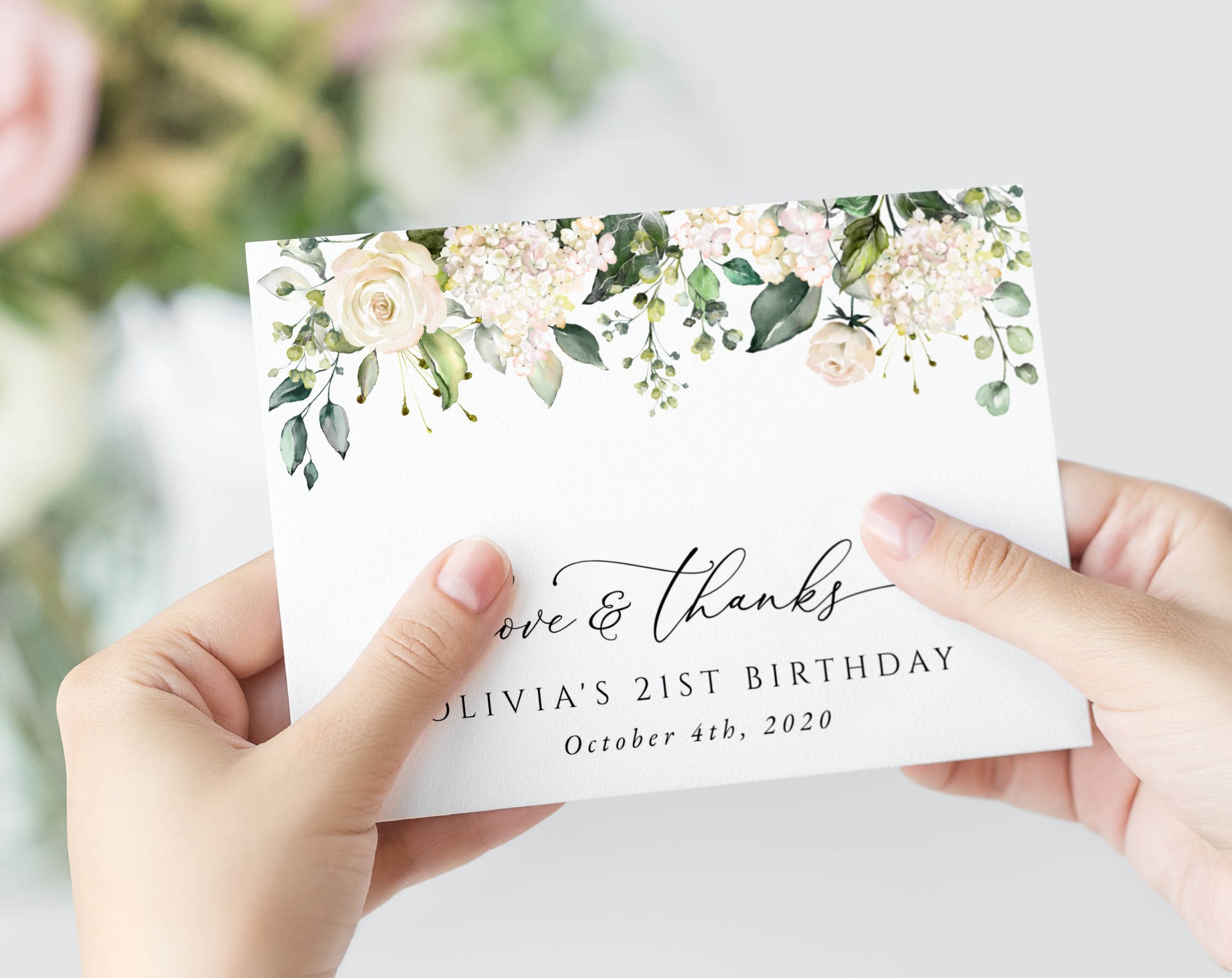 Cream White Flowers Thank You Card, Girl Birthday, Printable File, Edit Yourself, SH117